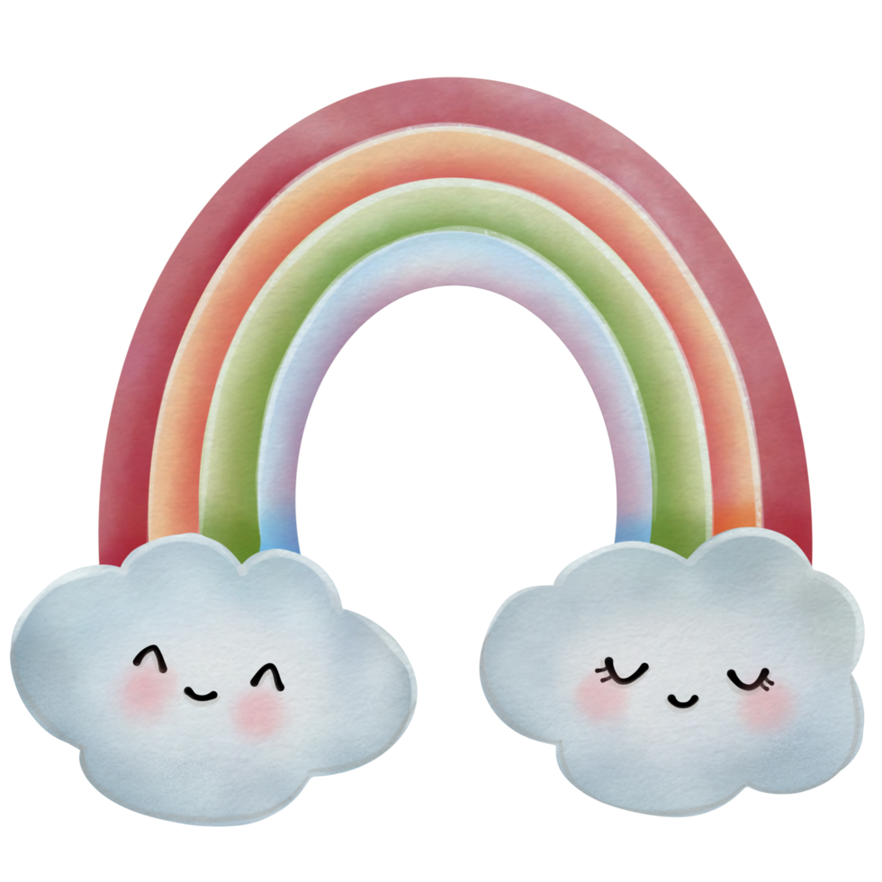 Watercolor cartoon rainbow and smiling clouds, spring time,hand drawn png