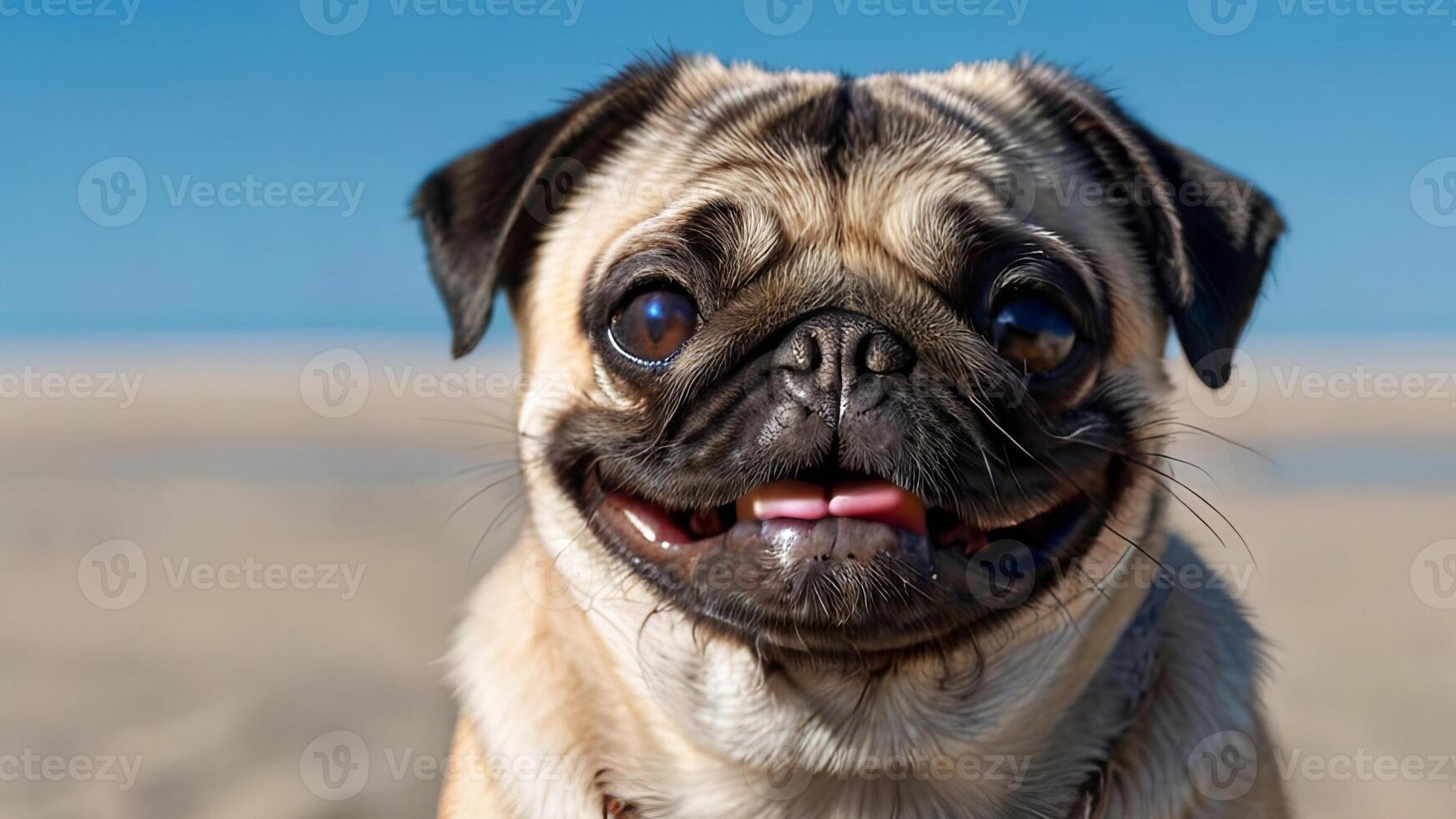 portrait of a cute pug on the backdrop of the sea coast. close-up portrait of a happy pet photo