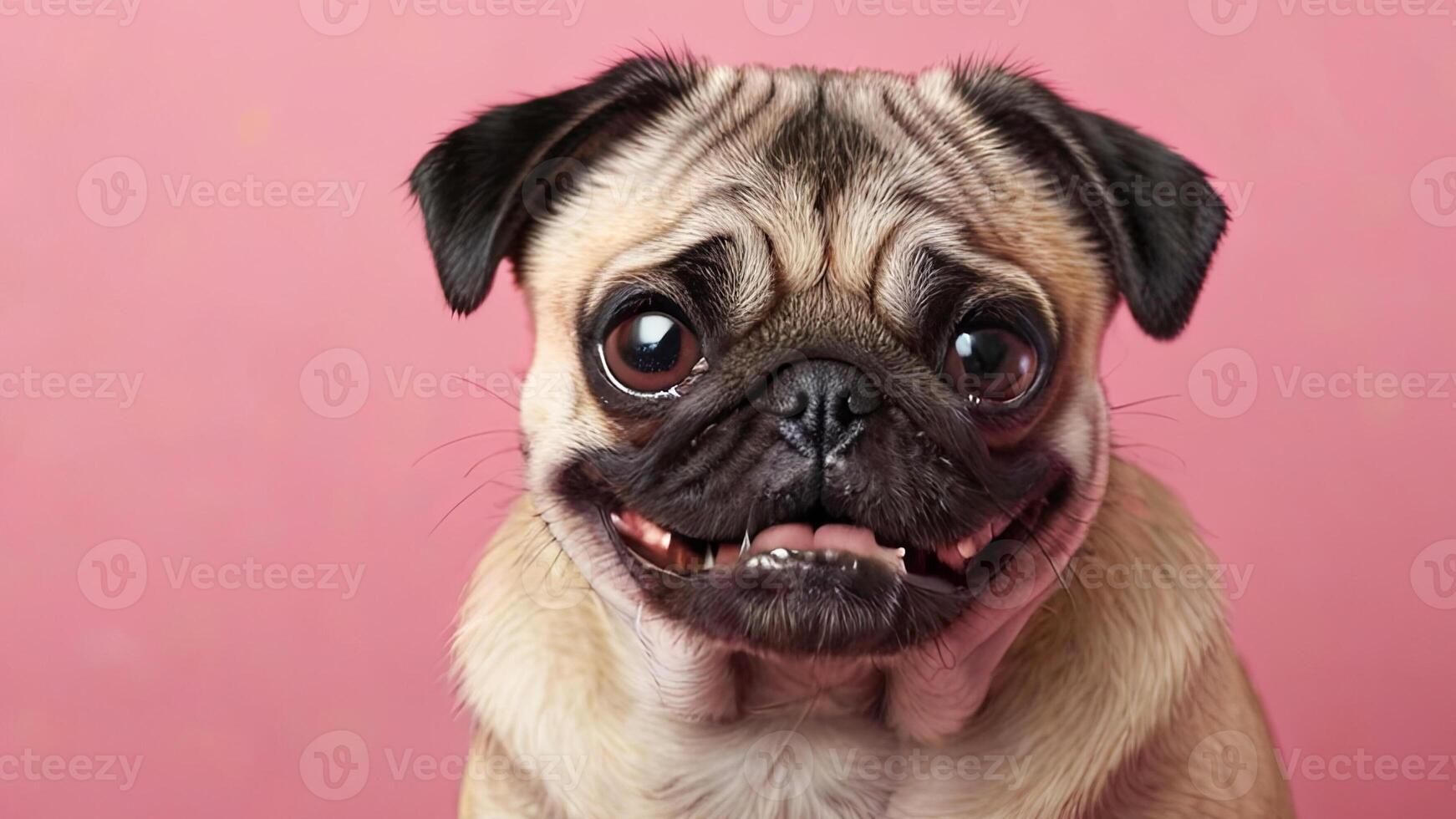 portrait of a cute pug on a pink background. close-up portrait of a happy pet photo