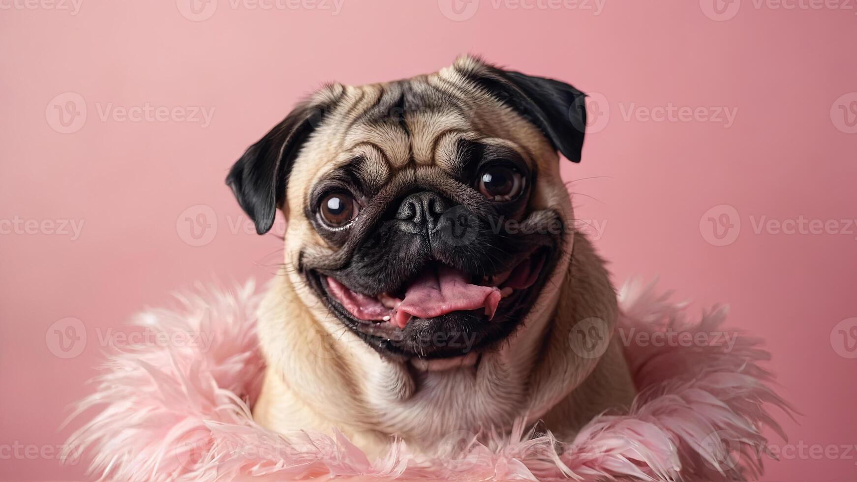 portrait of a cute pug on a pink background. close-up portrait of a happy pet photo