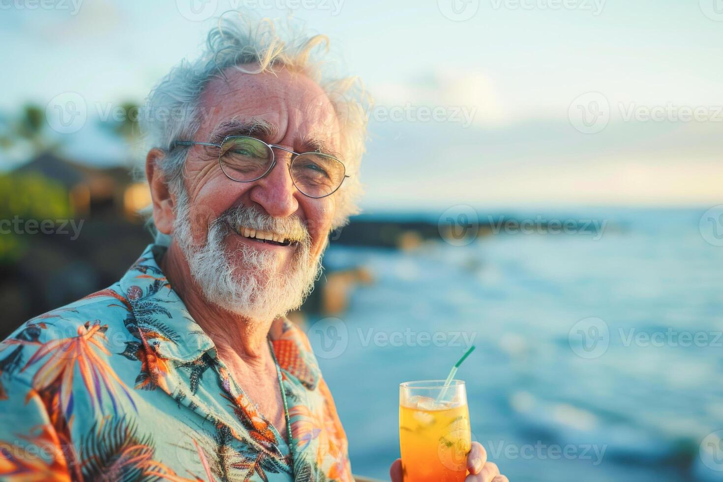 portrait of a handsome elderly man enjoying his holiday on the seashore with a tropical cocktail photo