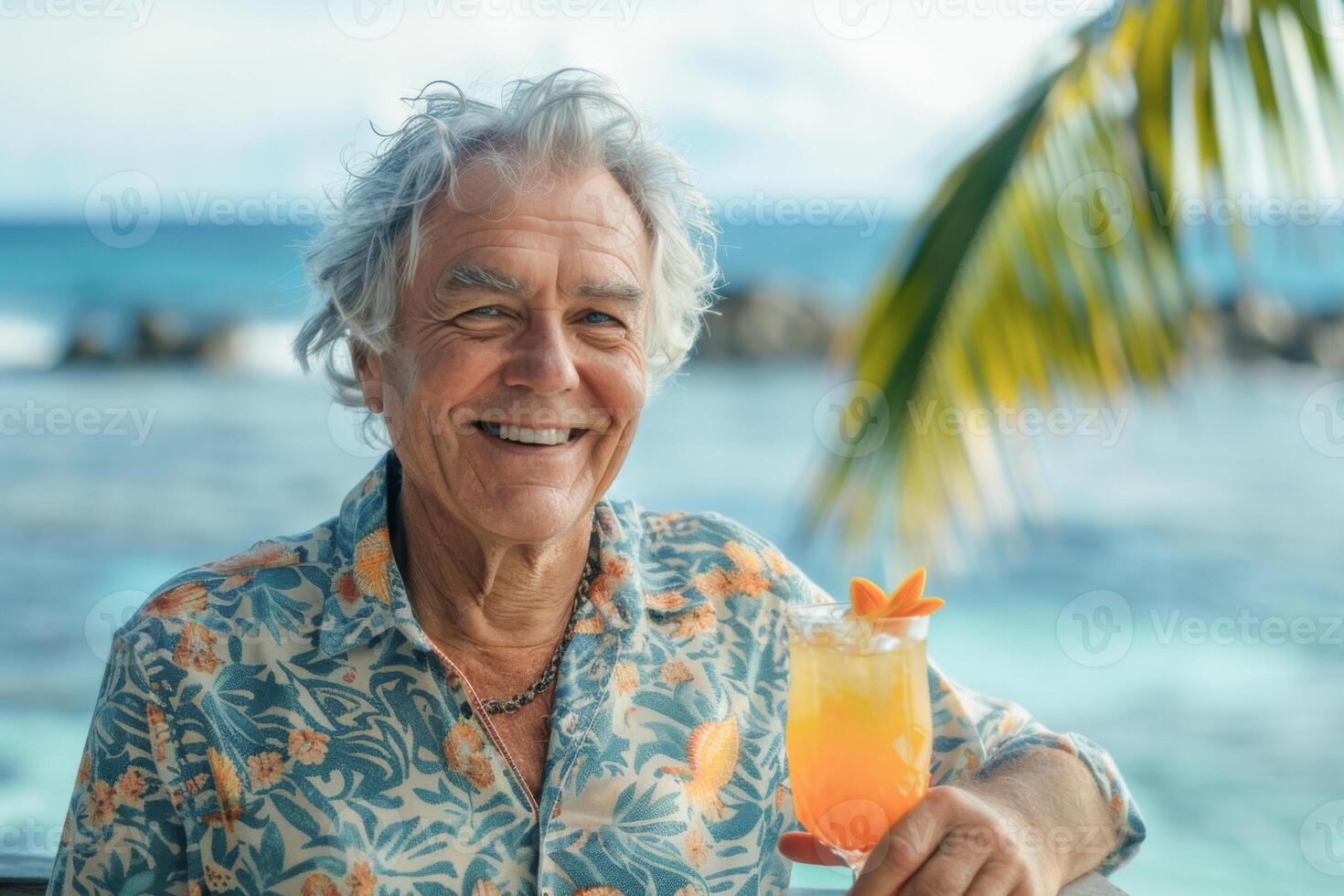 portrait of a handsome elderly man enjoying his holiday on the seashore with a tropical cocktail photo