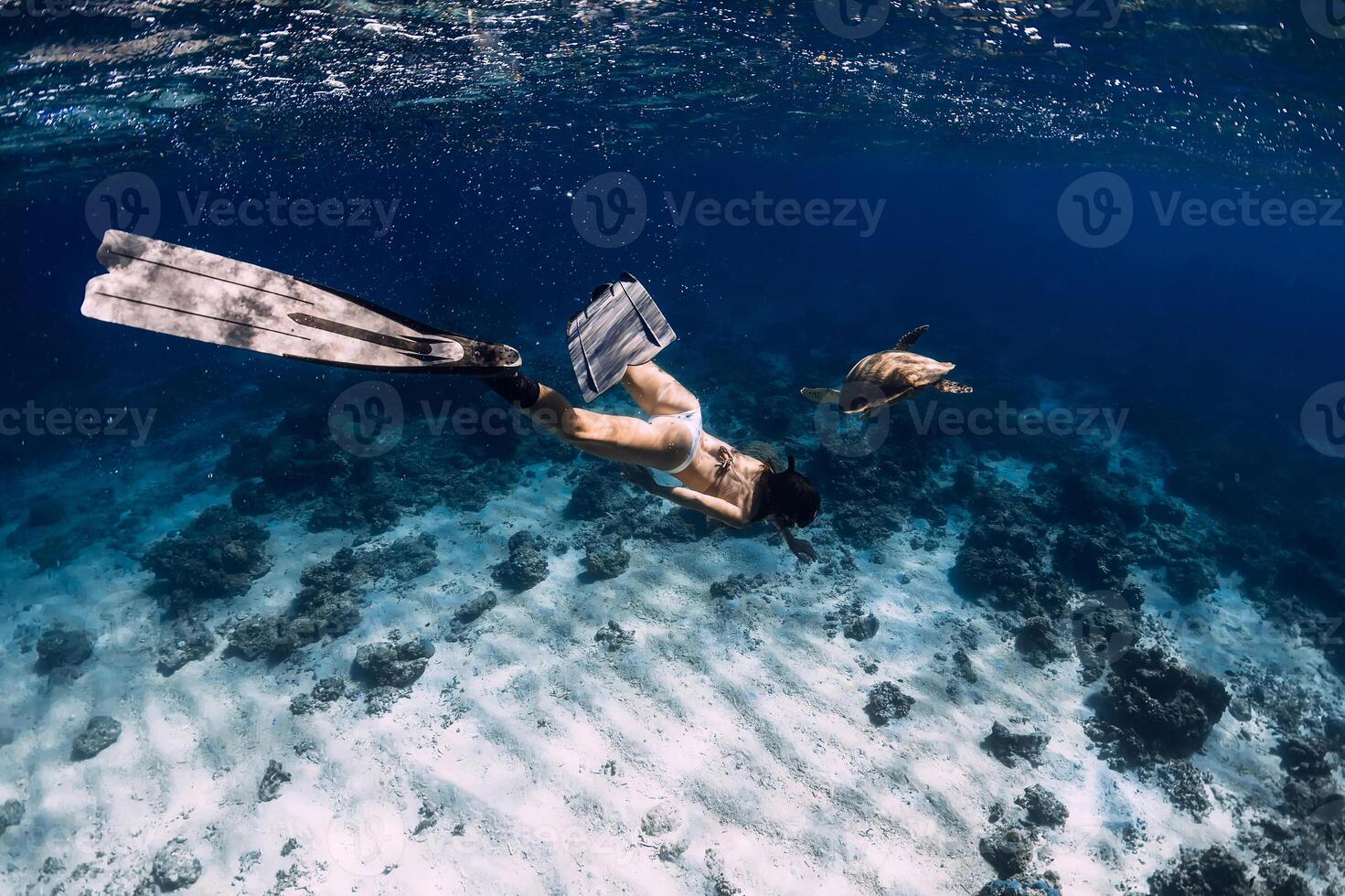 Freediver with fins glides underwater with turtle in ocean. Snorkeling with sea turtle. photo