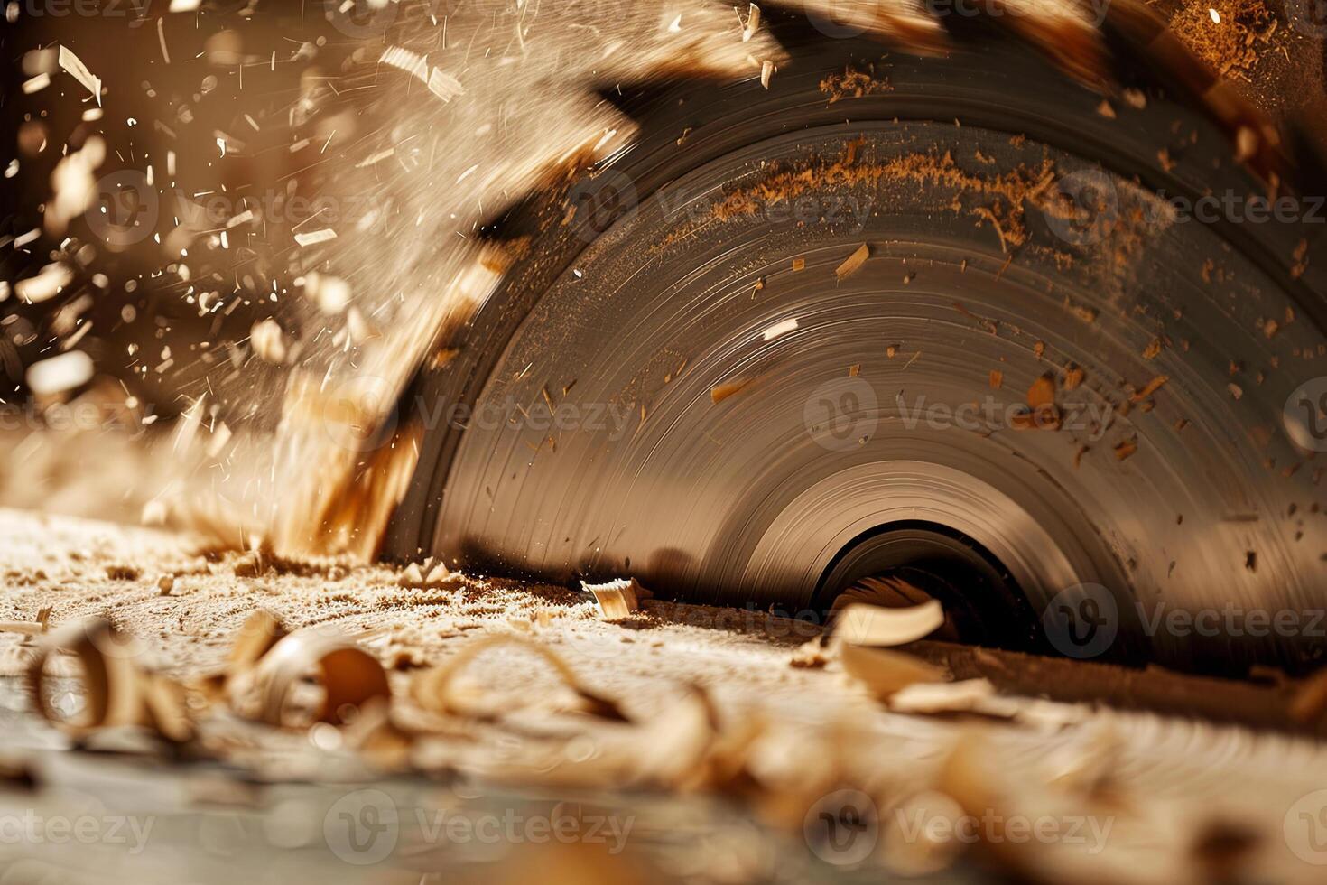 A close-up of a silver circular saw cuts a wooden block. chips fly in different directions photo