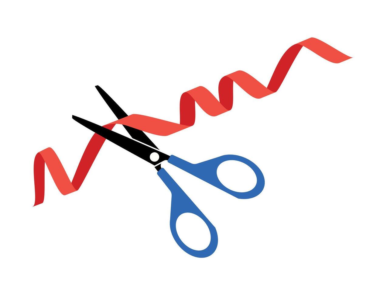 Scissors cutting red ribbon on a white background. Ceremony ribbon cut icon. Flat design style. vector