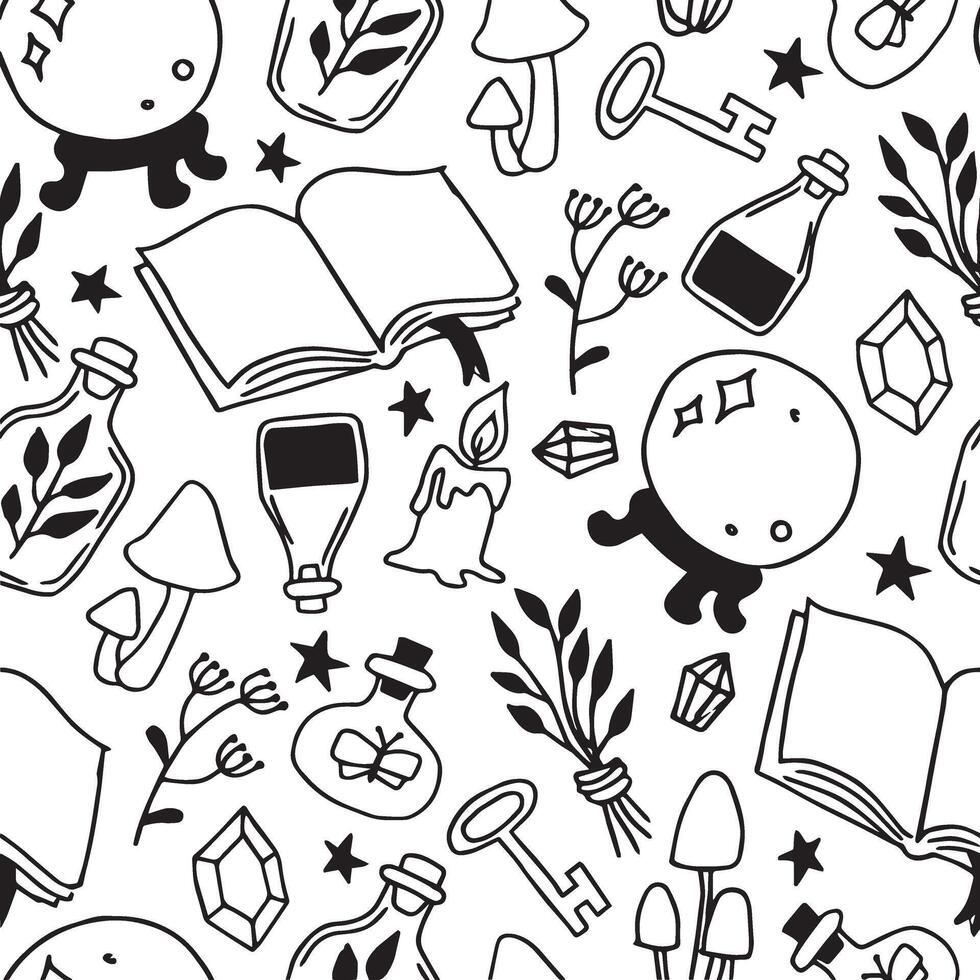 seamless pattern on the theme of magic, witchcraft. vintage black and white halloween print in hand drawing style vector