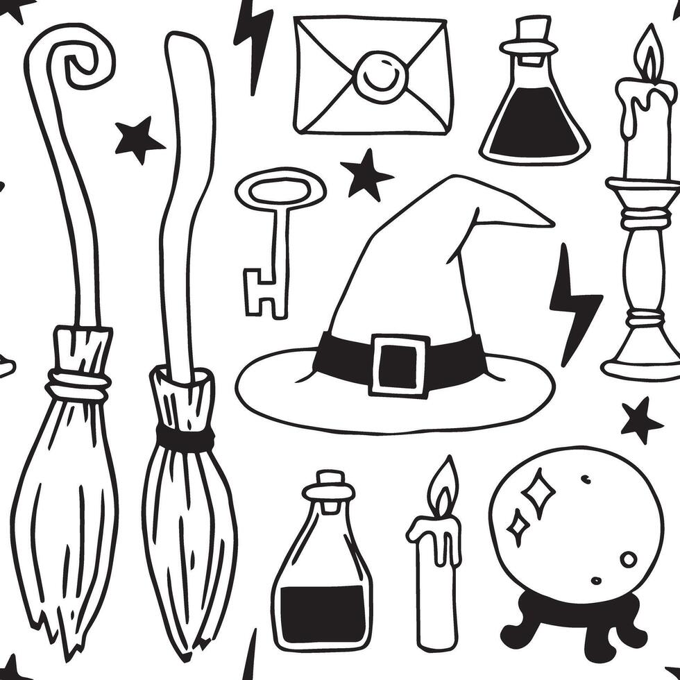 seamless pattern on the theme of magic, witchcraft. vintage black and white halloween print in hand drawing style vector