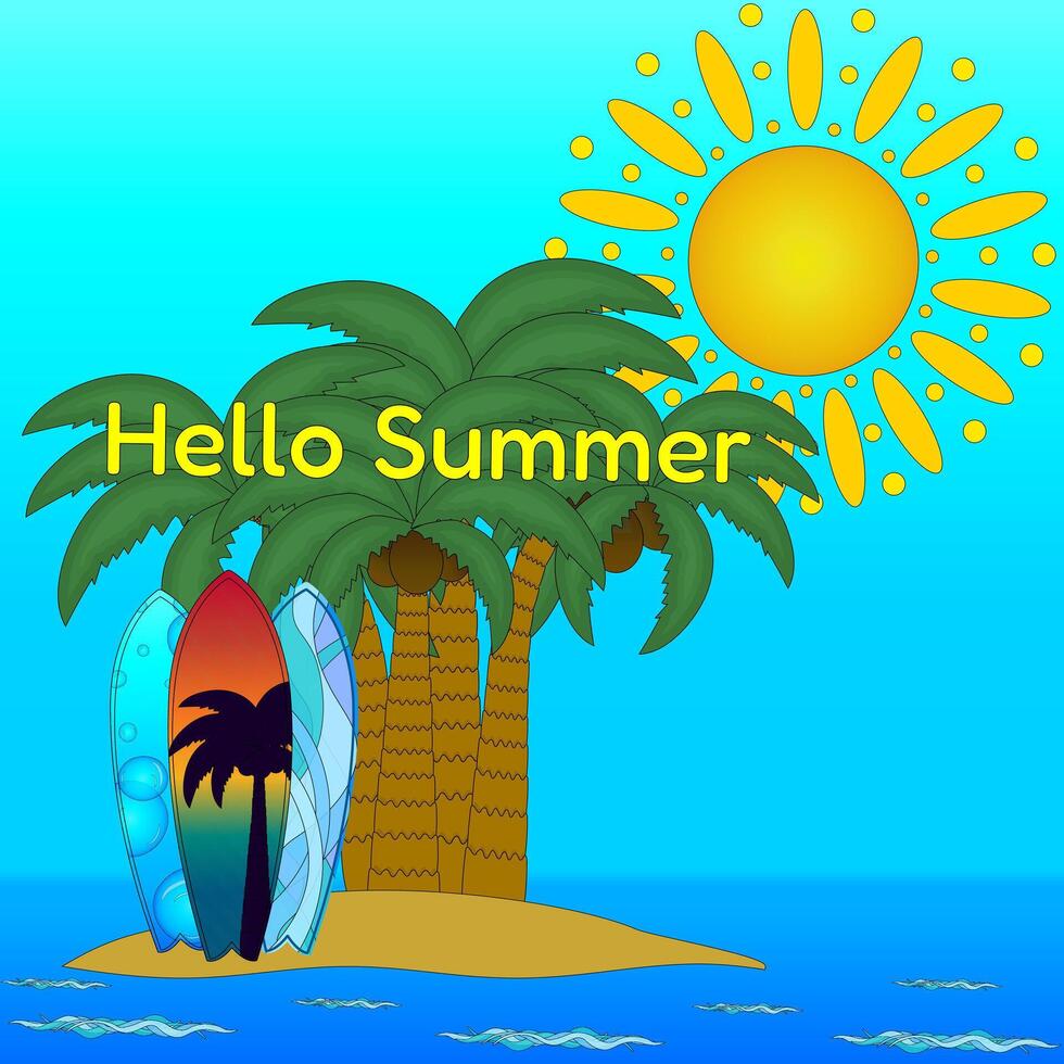 Colorful illustration of a tropical island with palm trees, surfboards, and a bright sun. Ideal for summertime and beach-themed designs. vector