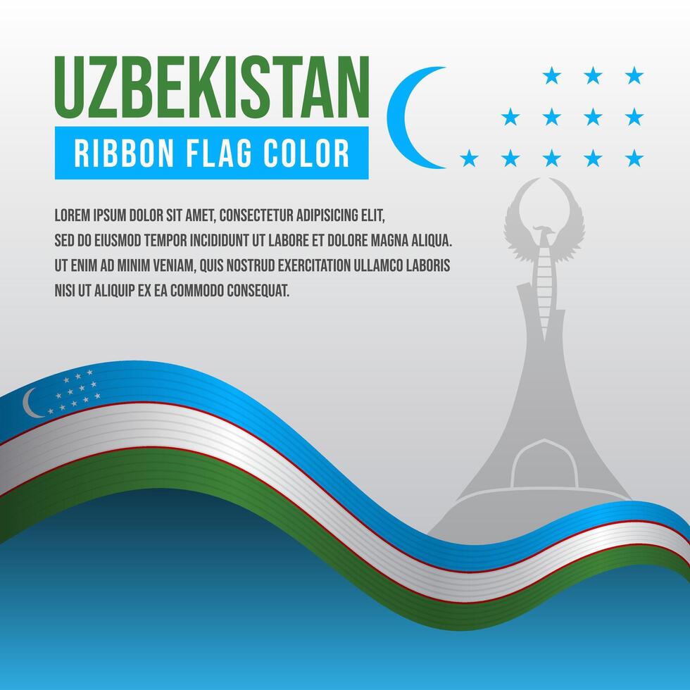 Uzbekistan ribbon flag with Yangi Ozbekiston Monument silhouette and decoration vector