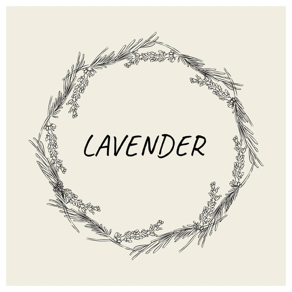 Floral, round lavender frame for social media posts, greeting cards, invitations, text, quotes. Botanical illustration of flowers in the form of a wreath in a flat linear style. vector