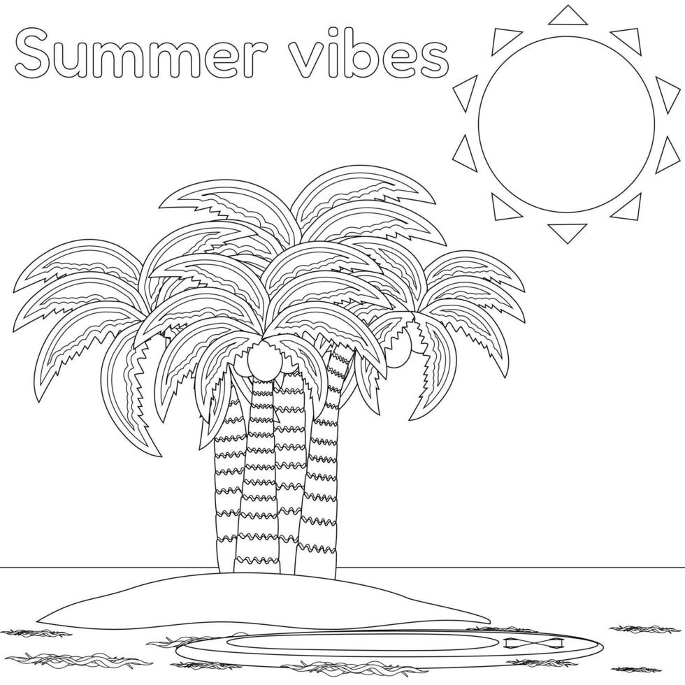 A fun and relaxing coloring page featuring a tropical island, palm trees, surfboard, and sun with Summer vibes text. Perfect for creative summertime activities. vector