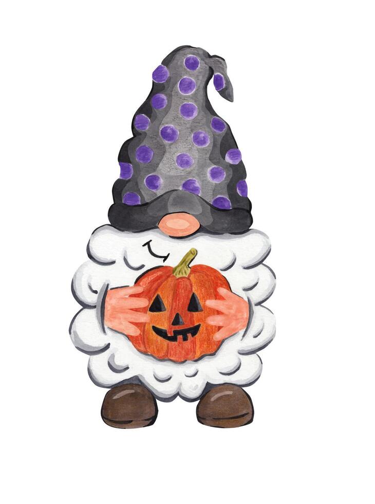 Gnome and pumpkin. Gnomes for Halloween. Watercolor illustration vector
