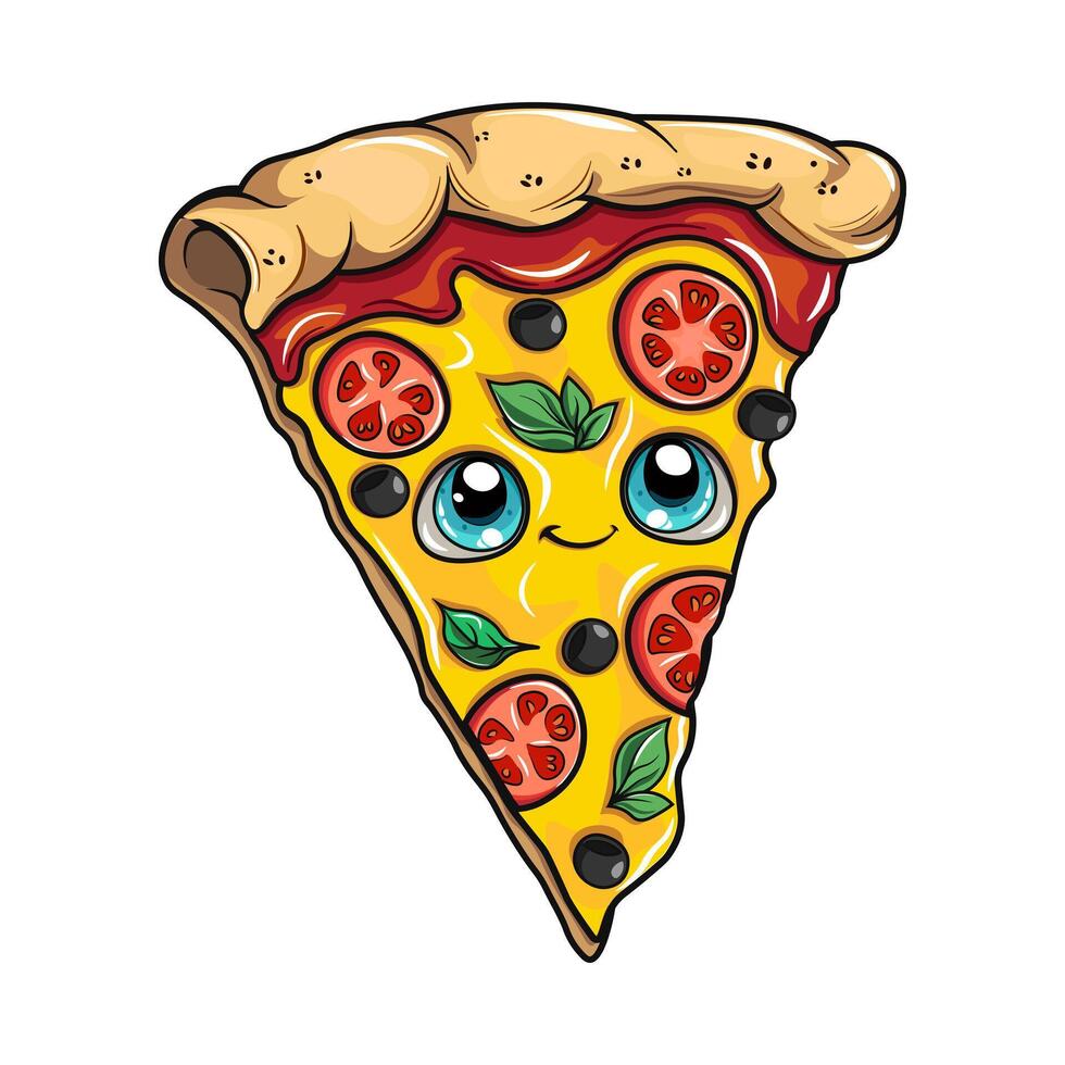 Cute piece of pizza. Hand drawn cartoon kawaii character illustration icon. Isolated on white background. Piece of pizza character concept vector