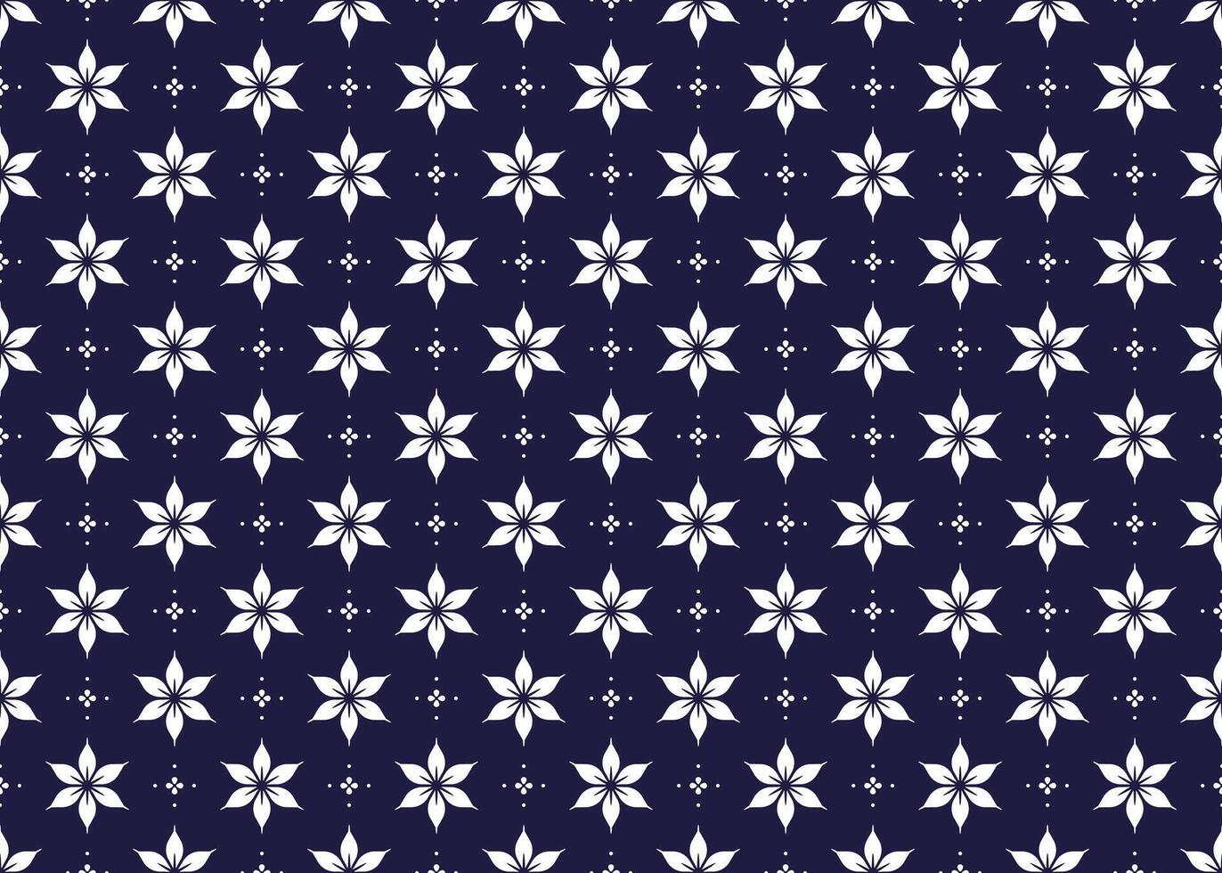 White symbol floral on dark blue background, ethnic fabric seamless pattern design for cloth, carpet, batik, wallpaper, wrapping etc. vector
