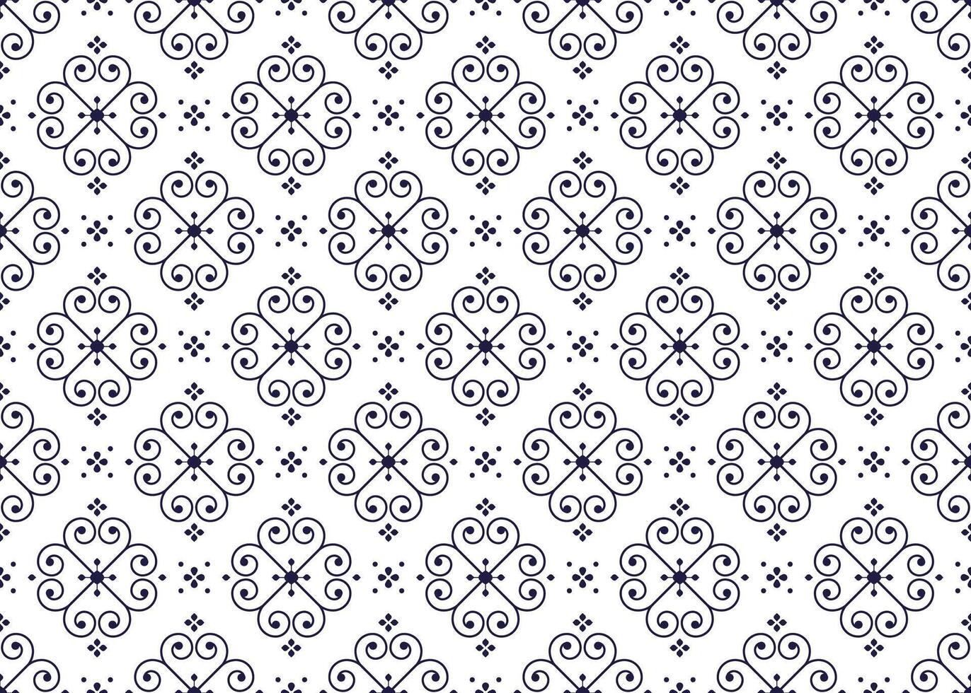 Symbol dark blue floral on white background, ethnic fabric seamless pattern design for cloth, carpet, batik, wallpaper, wrapping etc. vector