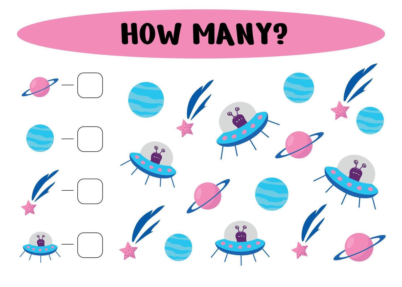 Space activities for kids. How many. Count the number of planets, aliens, rockets. illustration. vector