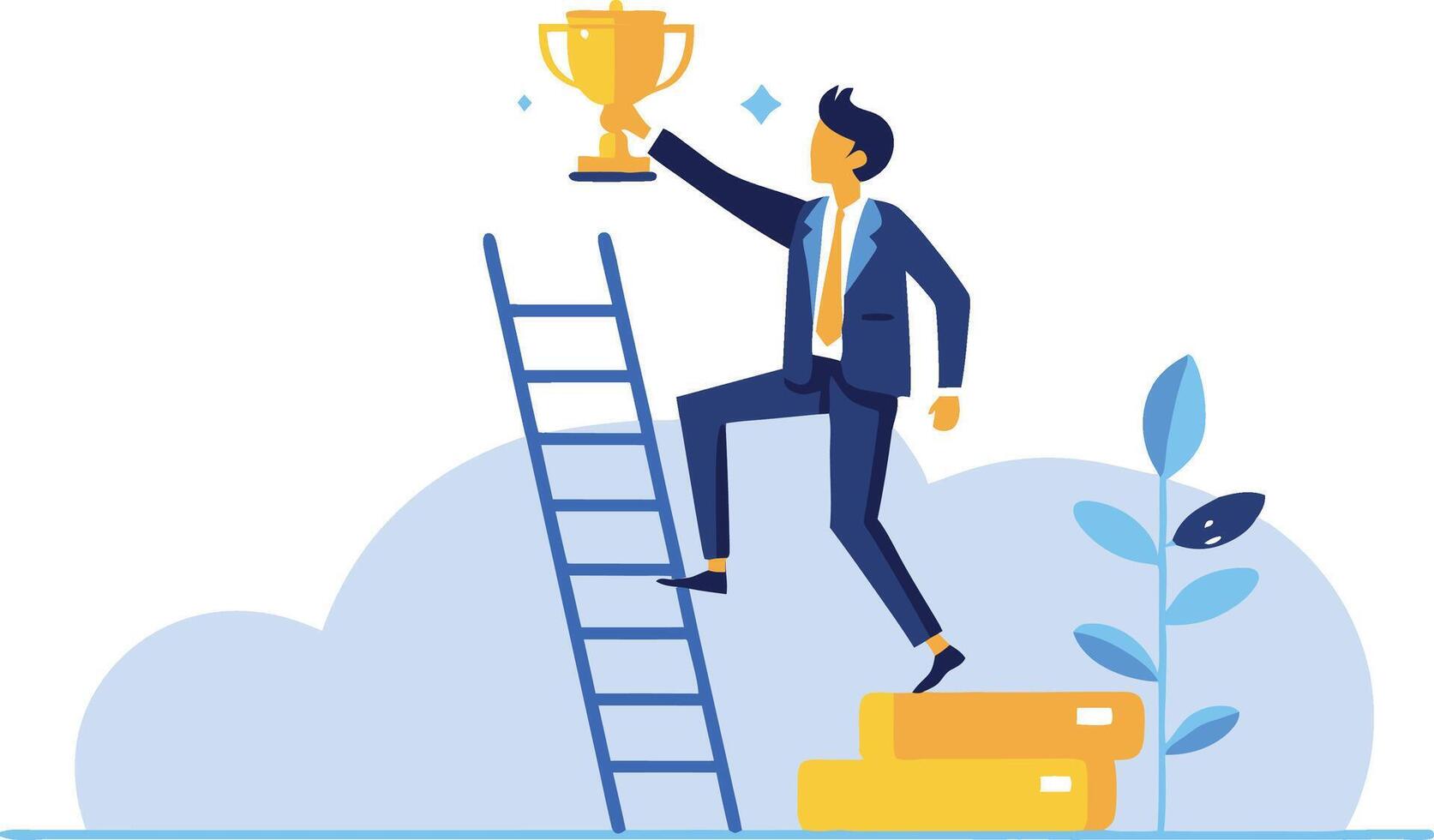 Climbing the Leadership Ladder, How Skill Development Fuels Career Growth and Drives Success. Motivational Journey of Businessman Stepping Up the Stairs of Experience to Win the Trophy vector