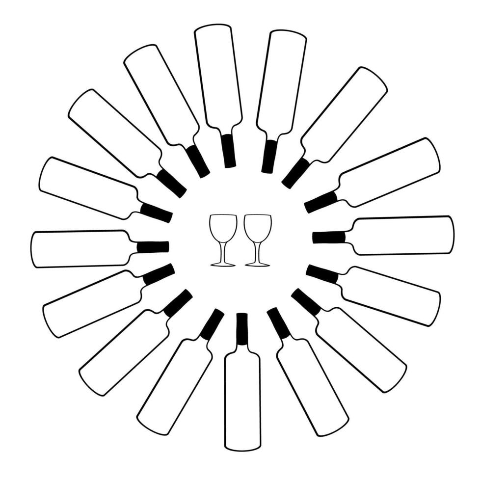 Sunlit bottle arrangement with wine glasses in a circular pattern vector