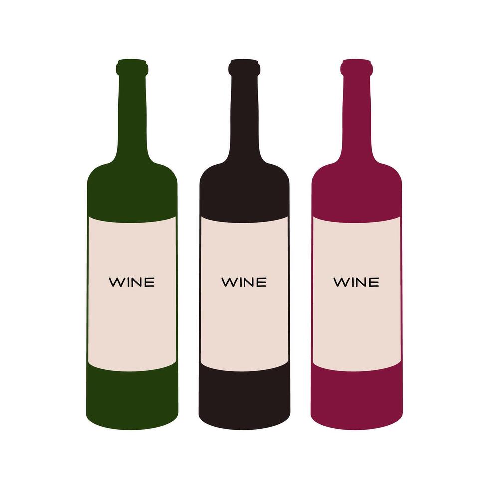 Three bottles of wine showcasing different colors and styles on a minimalistic background vector