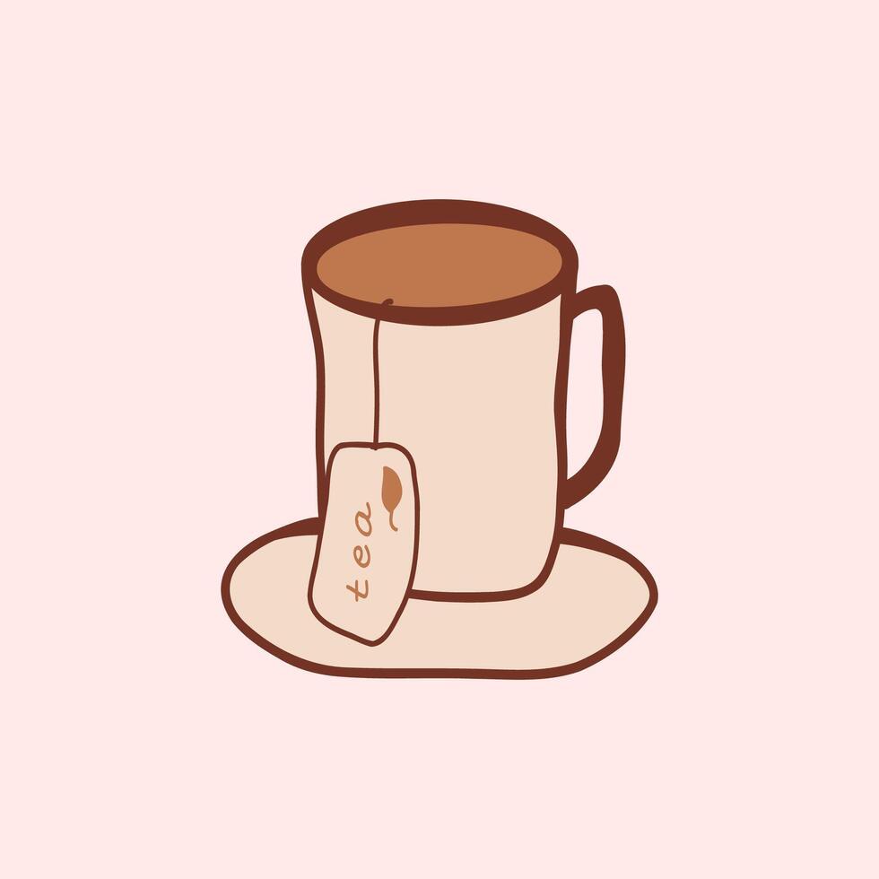 A cozy cup of tea with a tea bag tag on a saucer against a soft pink background vector