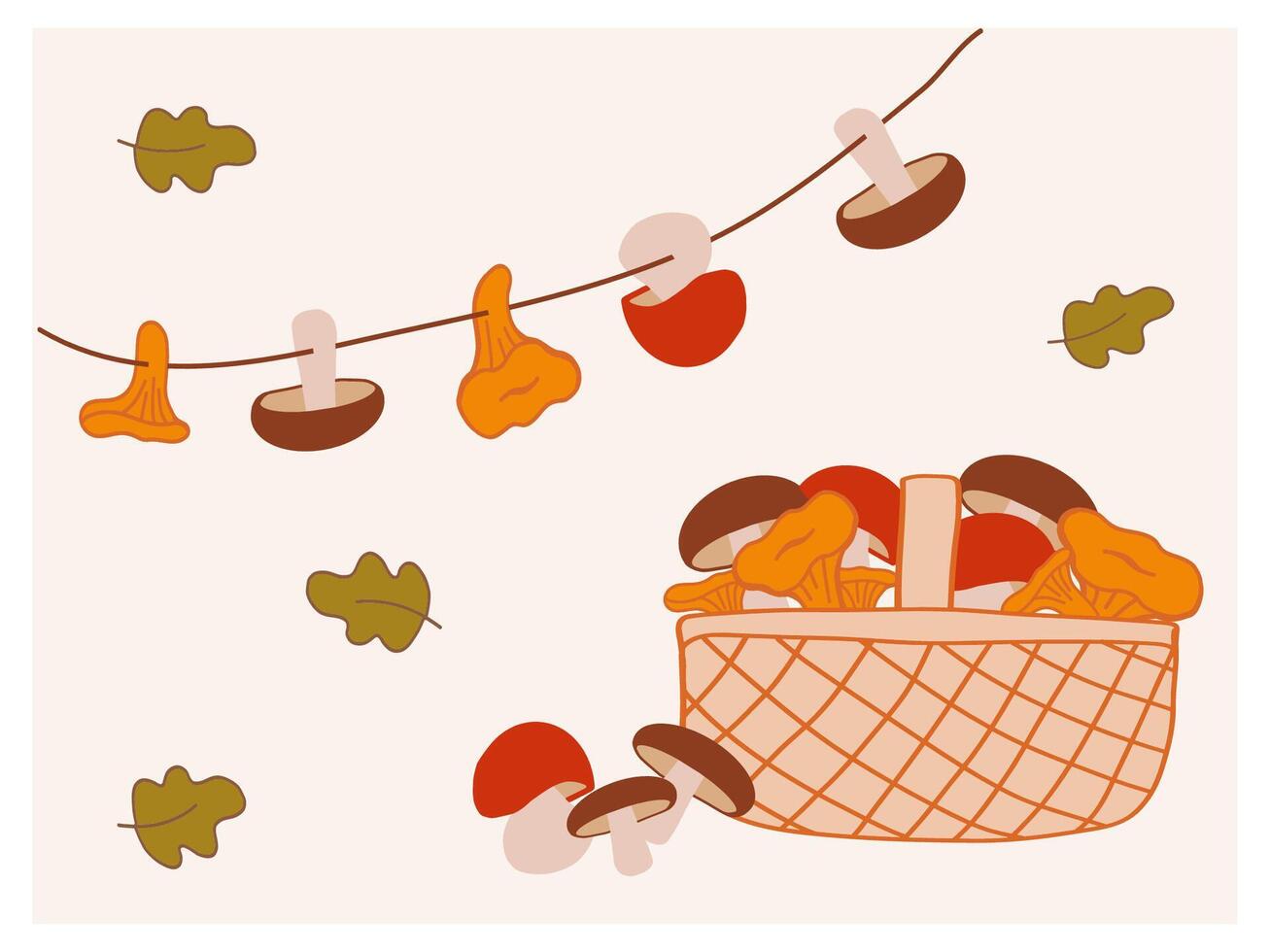 Brightly colored mushrooms and leaves hung across a line with a basket overflowing with various fungi vector