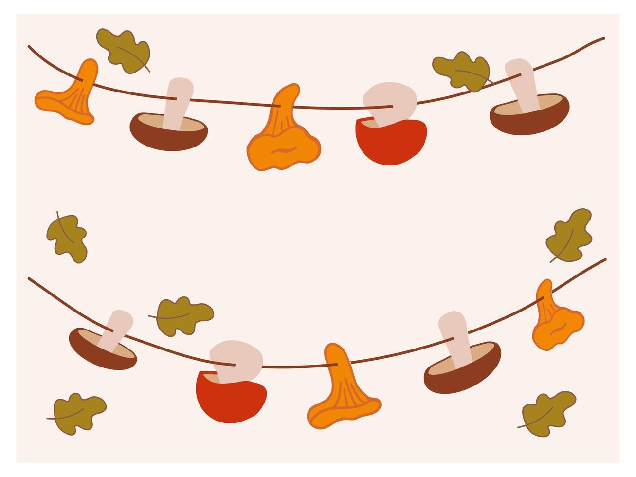 Decorative garland featuring autumn leaves, mushrooms, and acorns hanging against a light background vector