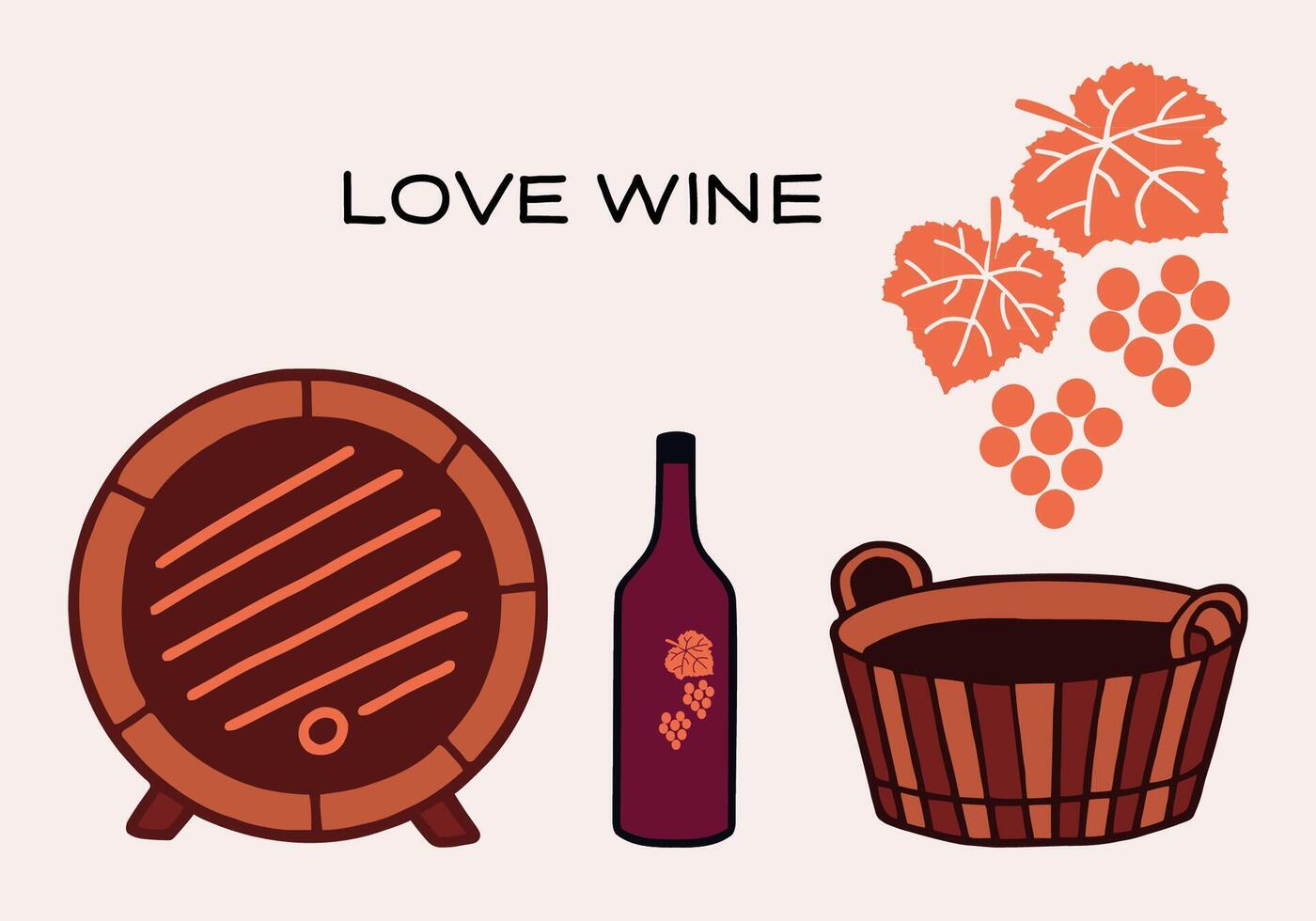 Wooden barrel, wine bottle, and basket with grapes in a warm setting, celebrating love for wine vector
