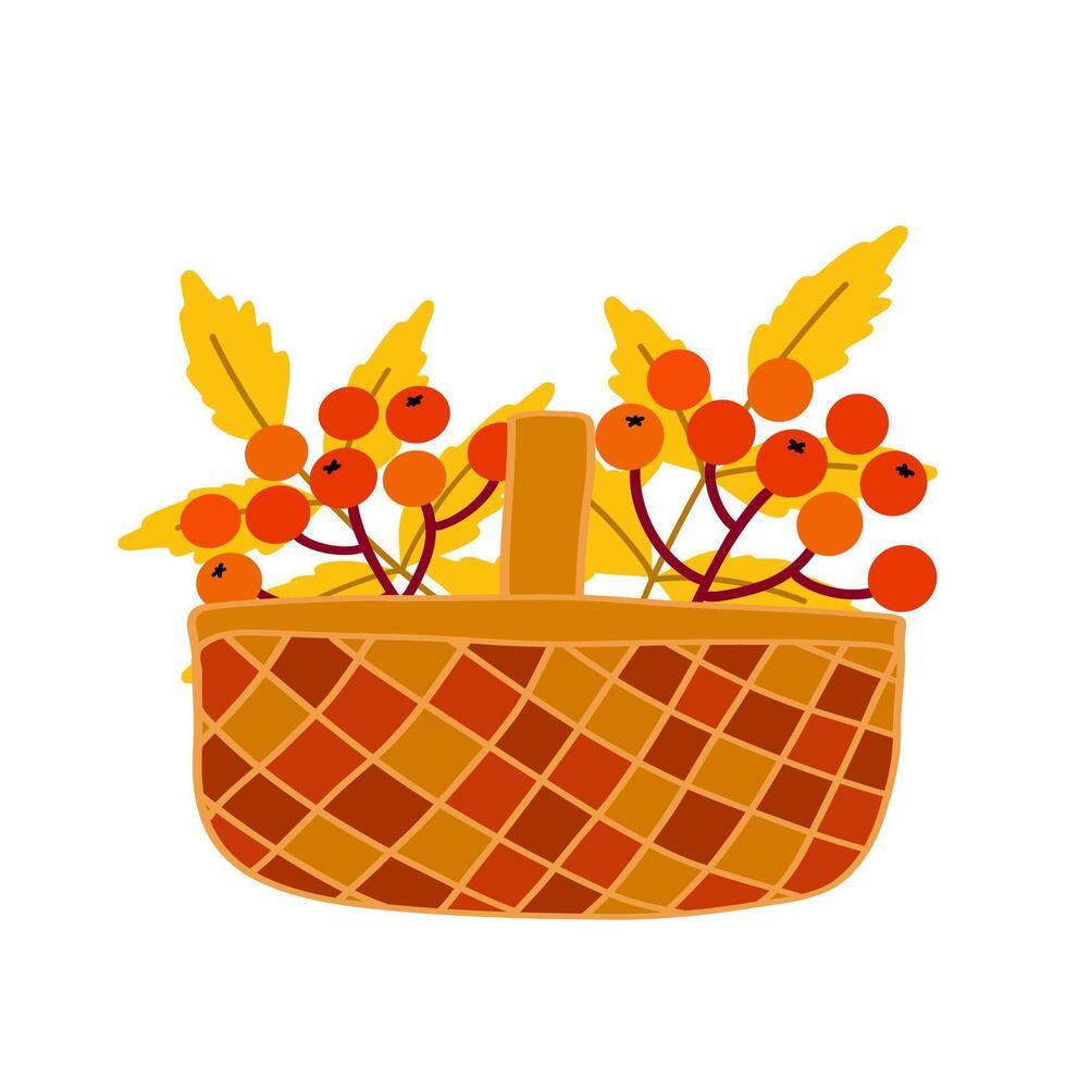 Basket filled with vibrant autumn berries and leaves, showcasing seasonal harvest vector
