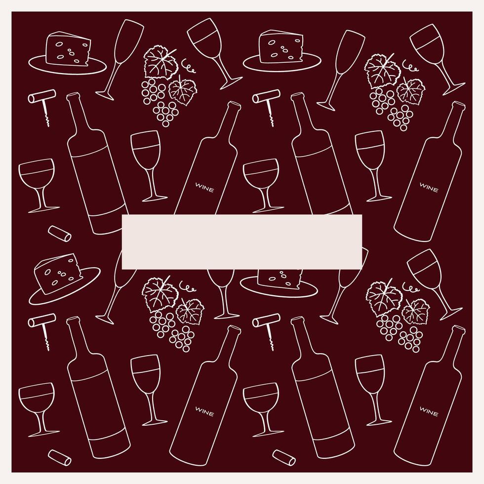 Wine-themed design featuring bottles, glasses, cheese, and grapes set on a burgundy background vector