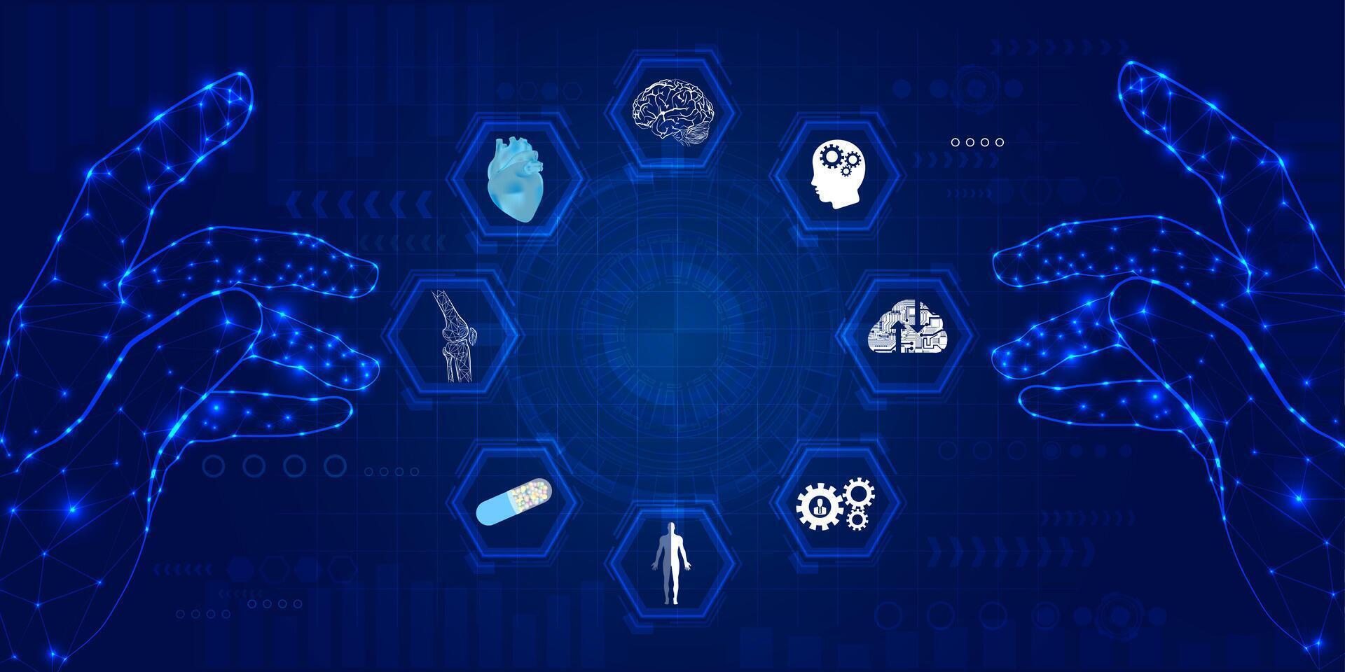 Futuristic medical cybernetic robotics technology. Human neural structure virtual hologram float away from robot hand. vector