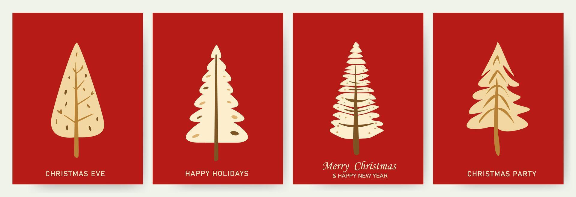 Set of red vertical cards with Christmas and New Year. Greeting cards with Christmas trees. vector