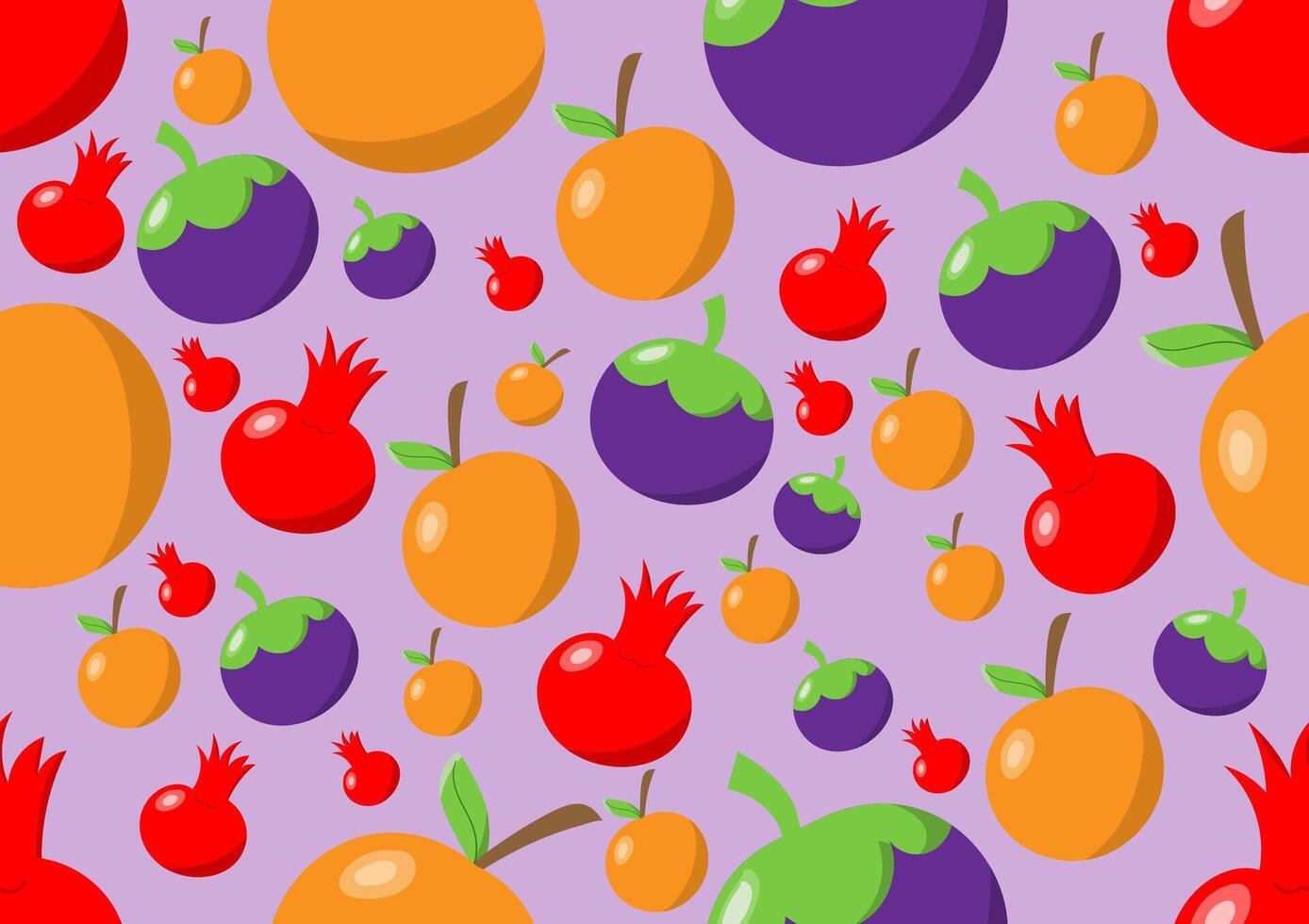 Red pomegranate, orange and mangosteen seamless pattern on light purple background. For cards, frames, posters, book covers, textiles, wallpaper, wrapping and fabric. vector