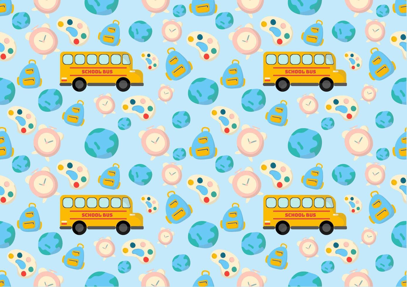 Schoolbus, alarm clock, globe, color palette, and school bag seamless pattern on blue background. For cards, frames, posters, book covers, textiles, wallpaper, wrapping and fabric. vector
