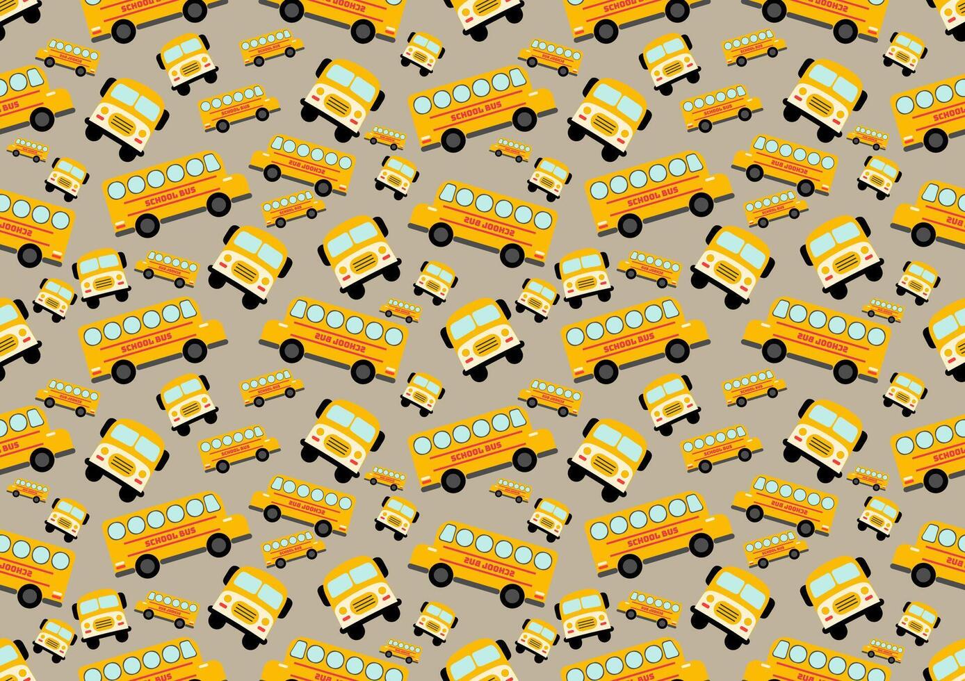 Schoolbus seamless pattern on brown background. For cards, frames, posters, book covers, textiles, wallpaper, wrapping and fabric. vector
