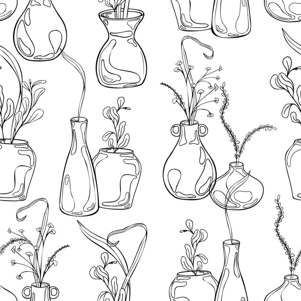 Vases with floral arrangement in black white seamless pattern isolated. Pottery with greenery hand drawn in line art on endless background. Pattern design with leaves and stems in clay jugs. vector