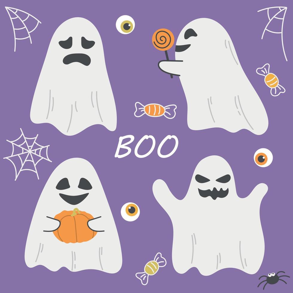 Halloween set, sweets, pumpkin, cute good and scary ghosts, large collection of flying ghosts vector