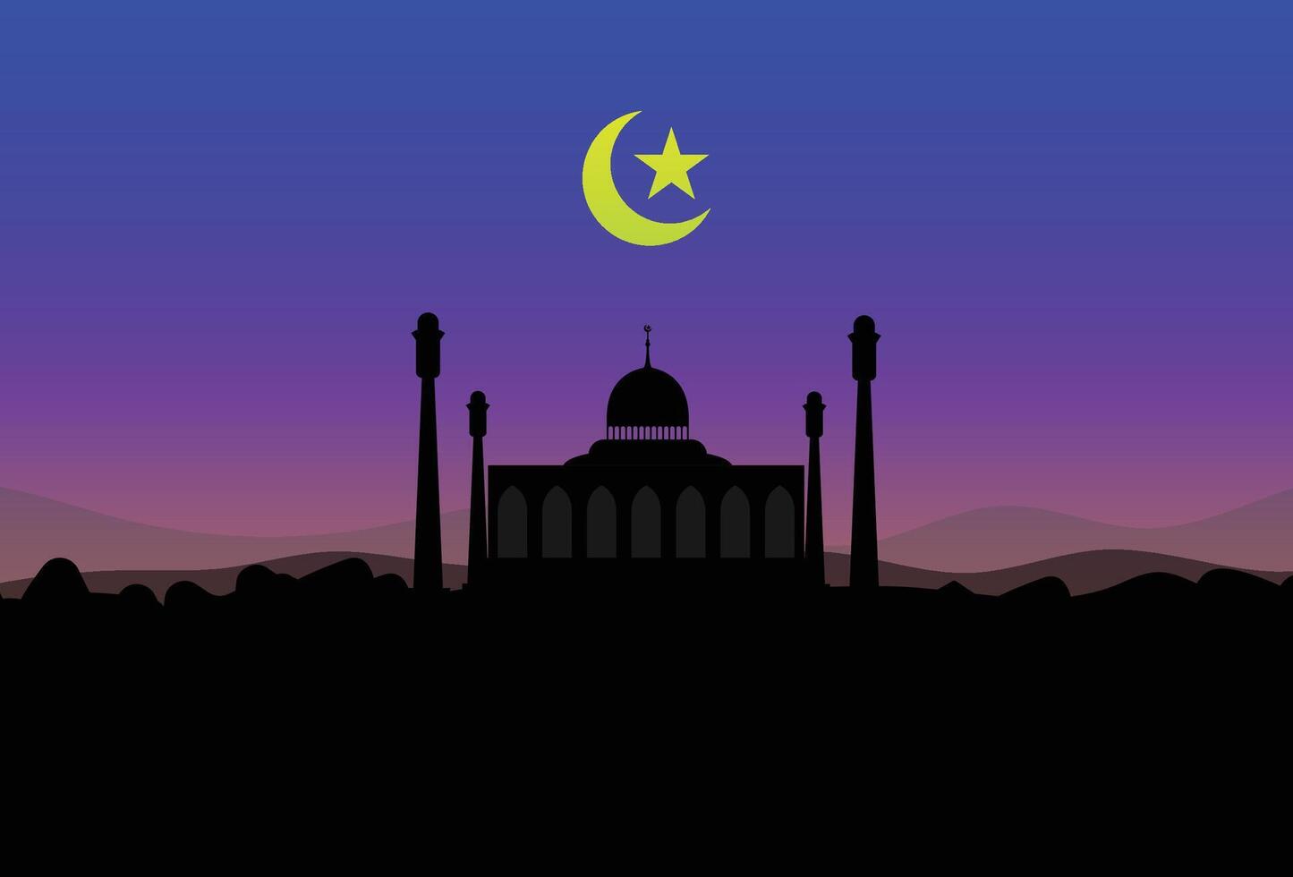 Mosque silhouette in sunset sky and crescent moon for ramadan of Islam. vector