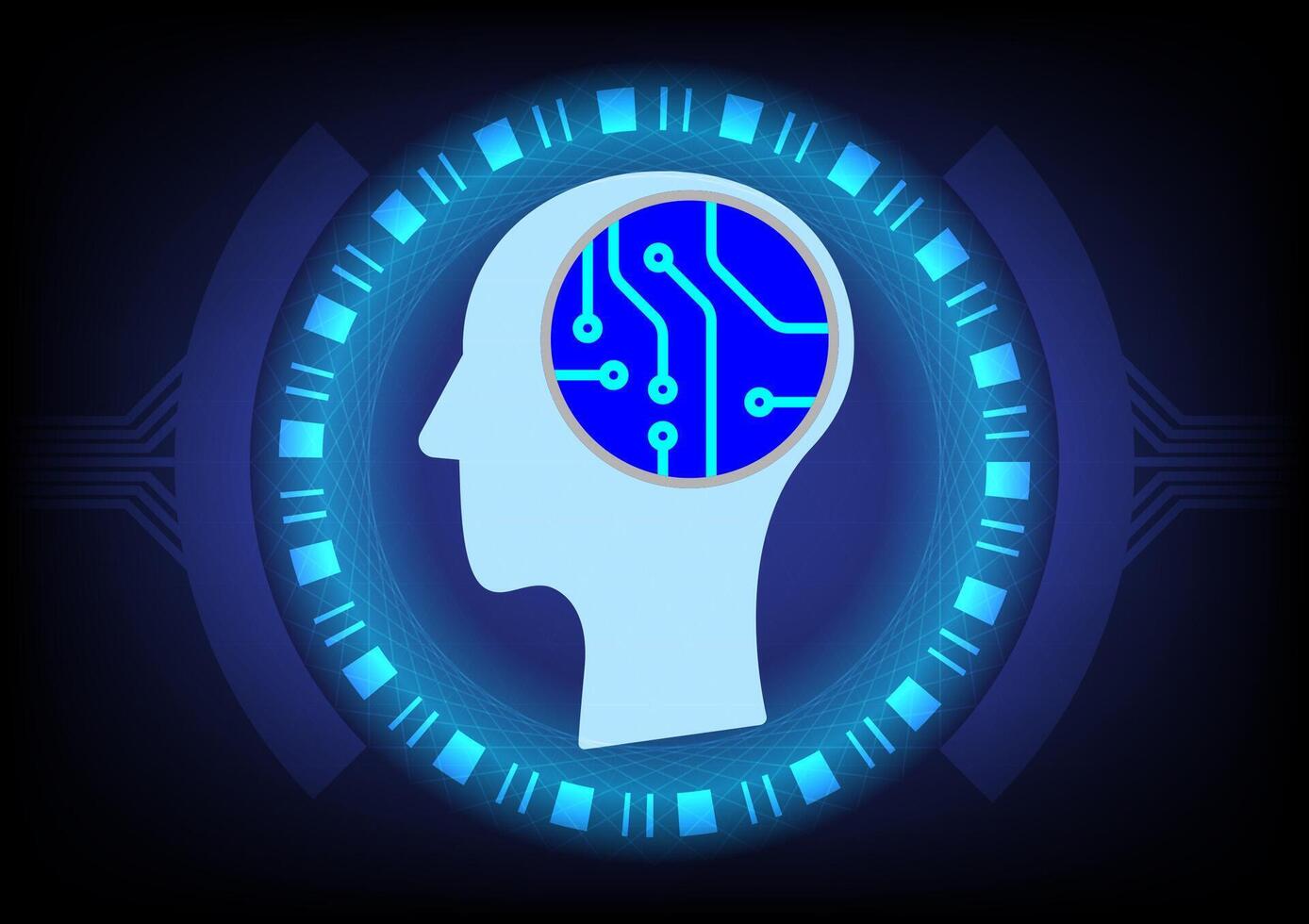 Artificial Intelligence Network Head Brain Technology. AI technology concept artificial abstract human side face and glowing brain with chip circuit board. vector