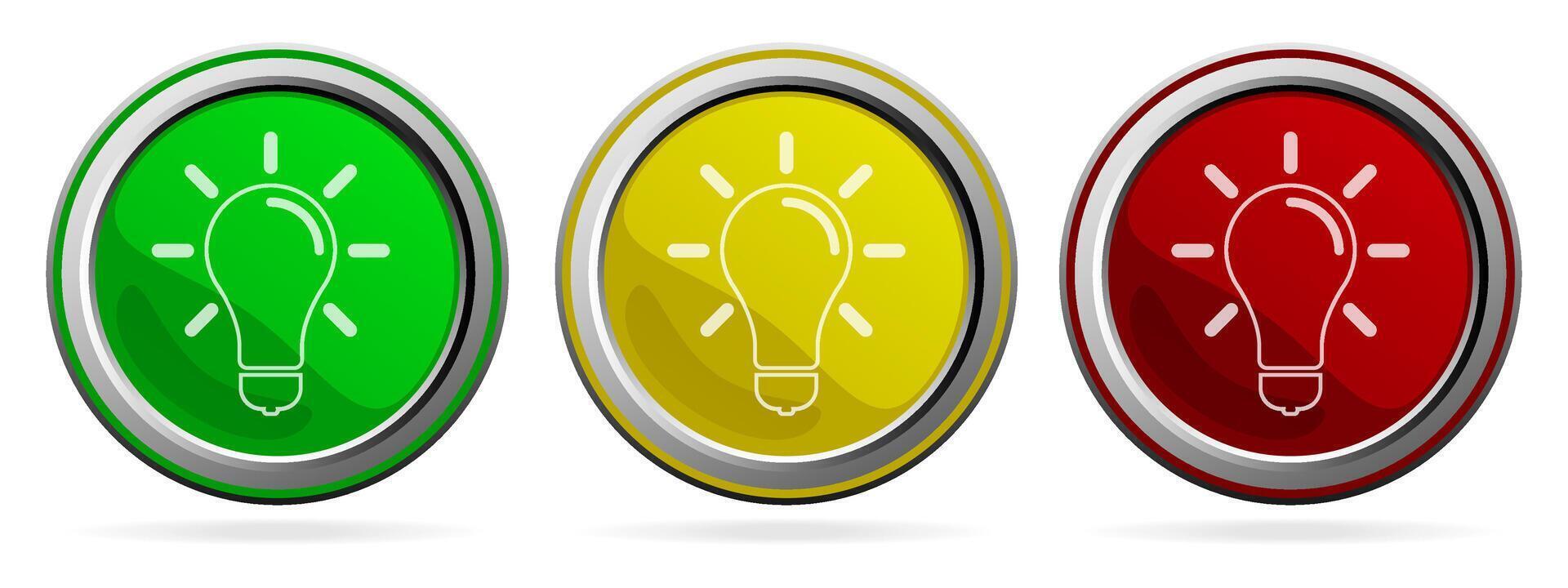 Set of Lamp, Creative thinking, Idea icon. Red, Green and Yellow silver metallic web buttons. isolated on a white background. vector