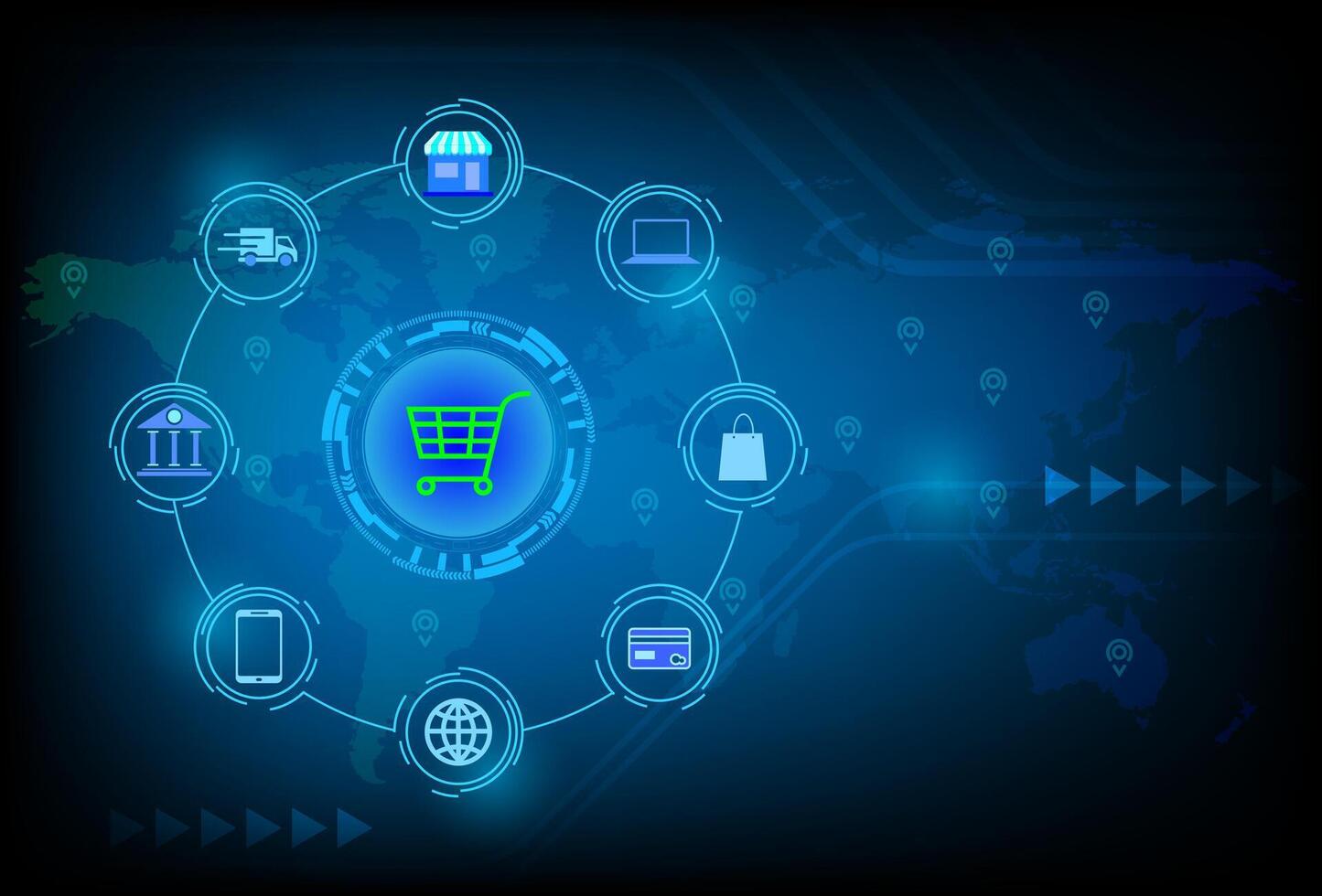 Online shopping digital marketing technology icon on world map futuristic digital innovation background. E-commerce concept vector