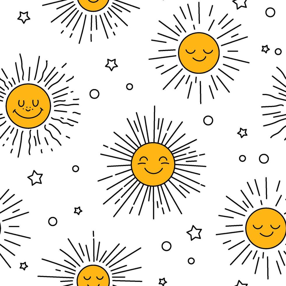 Doodle background, pattern, sun and clouds vector