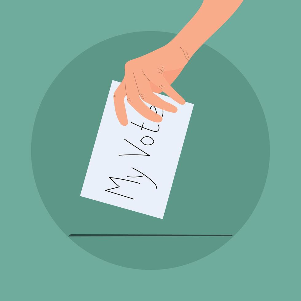 Hand putting ballot into ballot box on green background vector
