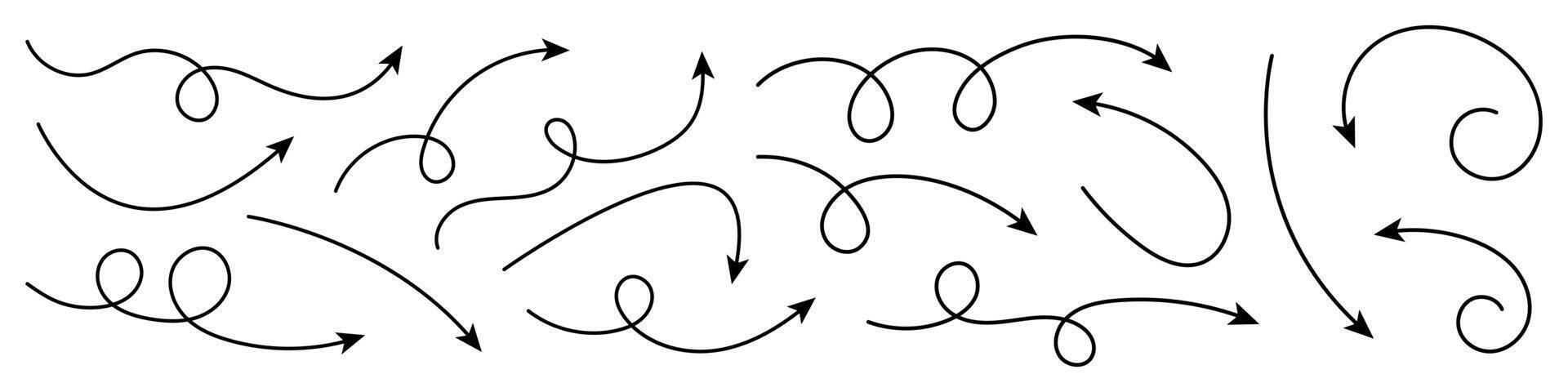 Collection of curved arrows. Set simple curved hand drawn arrows. Collection of pointers. vector