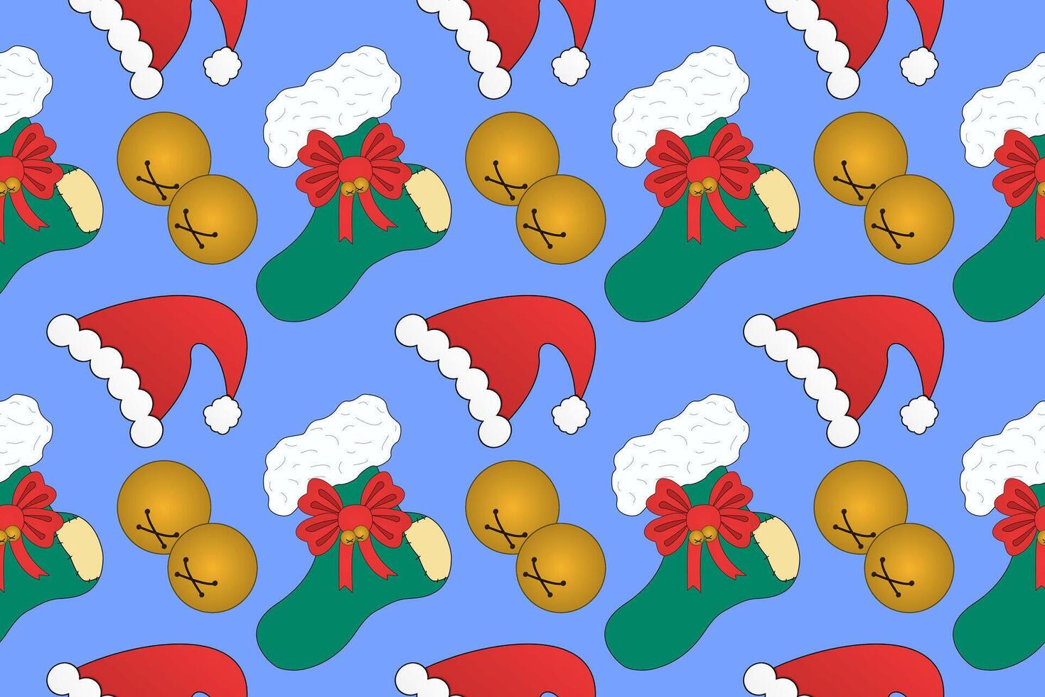 Festive seamless pattern featuring Christmas stockings, Santa hats, and jingle bells. Perfect for holiday decorations, wrapping paper, and crafts. vector