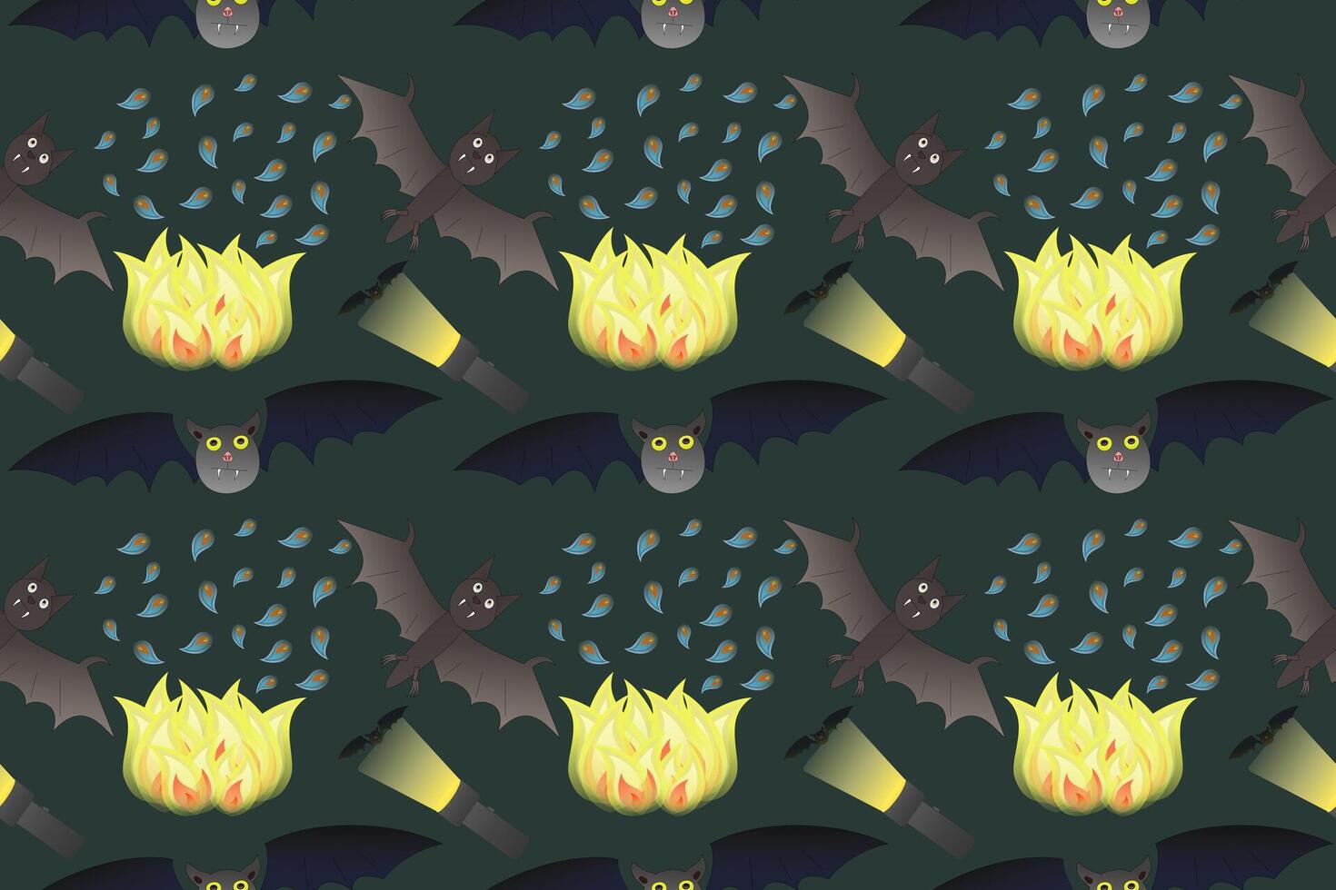 Spooky seamless Halloween pattern featuring bats, flames, and eerie glowing elements. Perfect for seasonal designs, textiles, and decor. vector