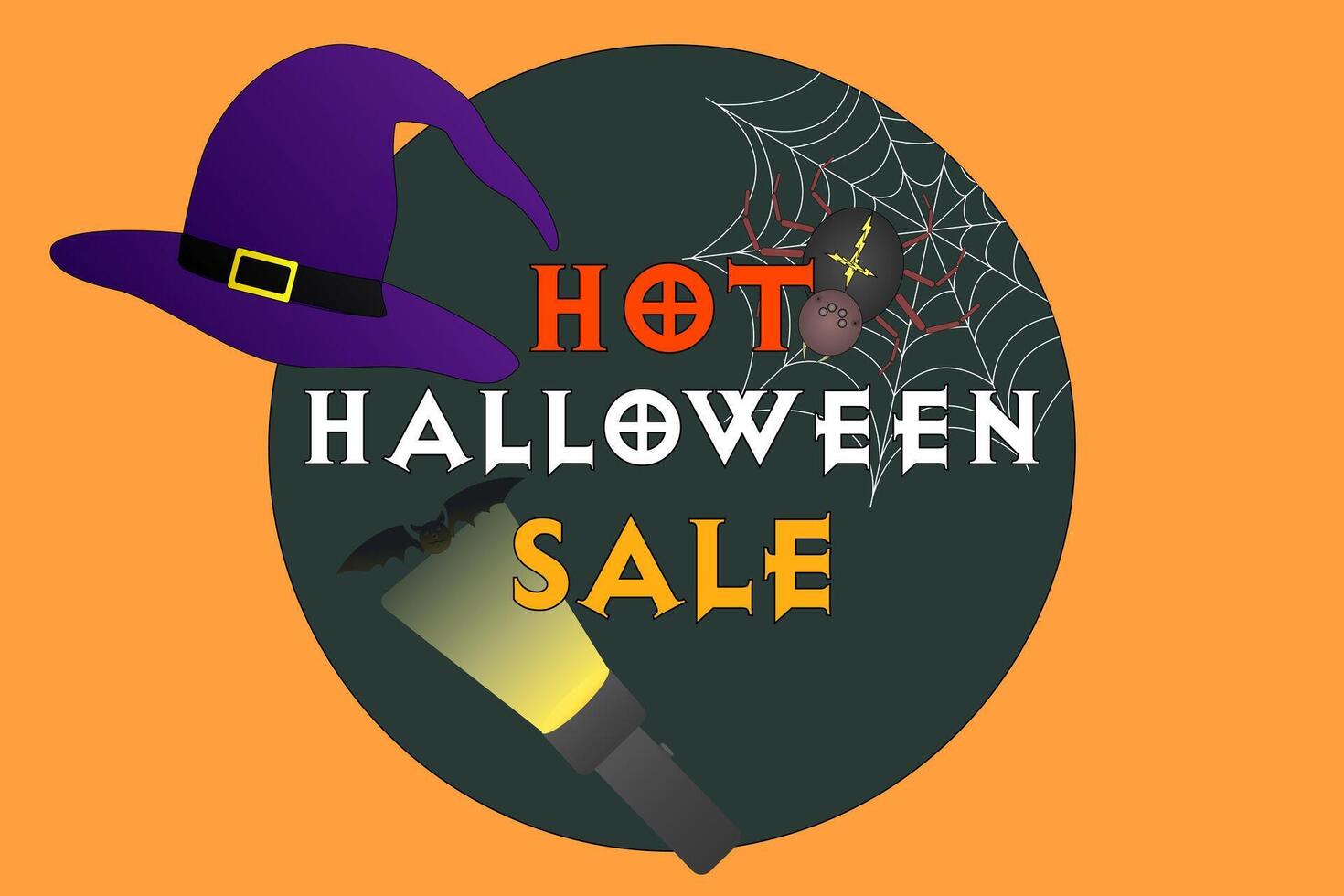 Creative Halloween sale design featuring spooky elements like a witch hat, spider web, and bat. Perfect for festive promotions. vector