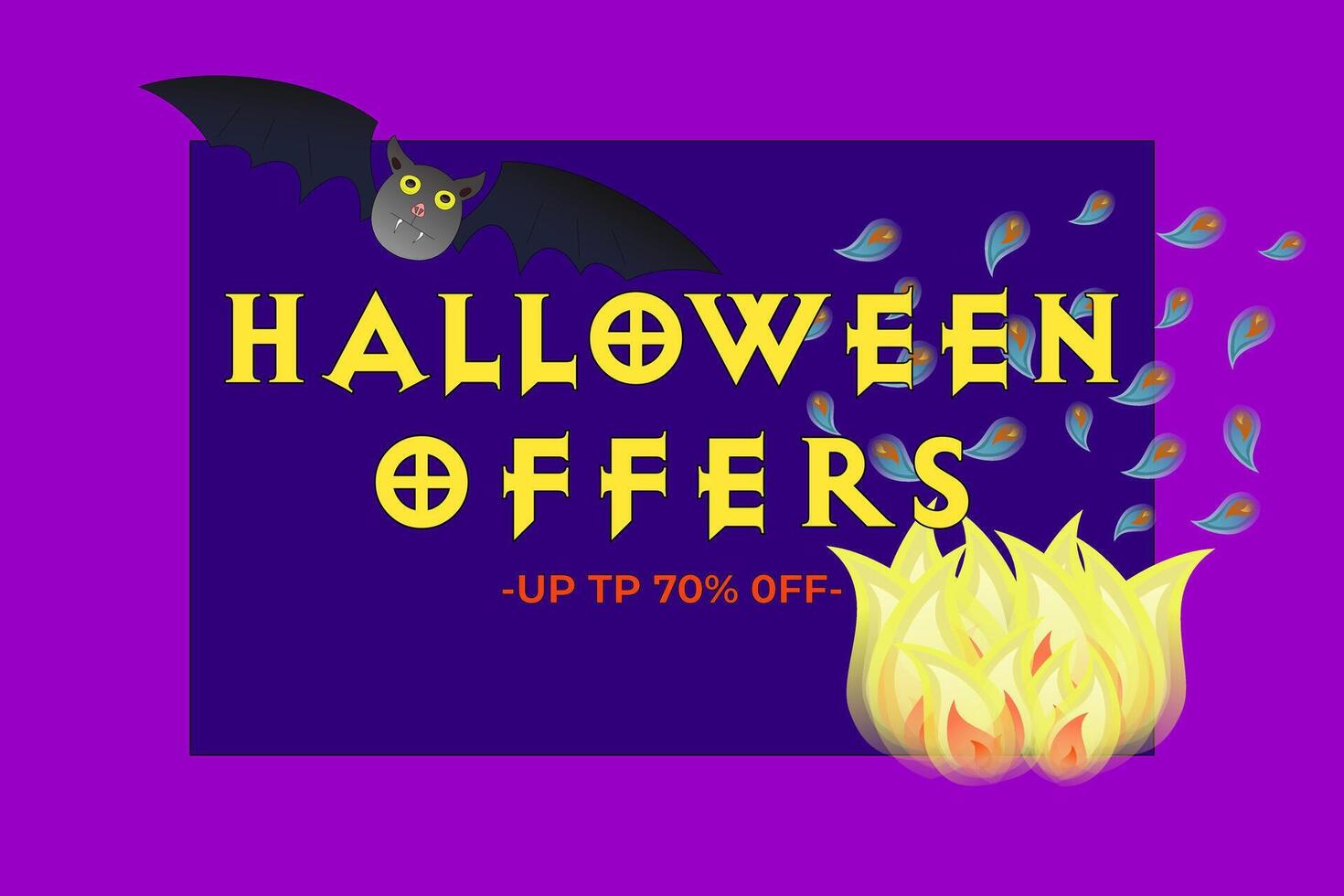 Eye-catching Halloween sale banner with spooky elements like bats and flames, perfect for promotions. Get up to 70 percent off. vector