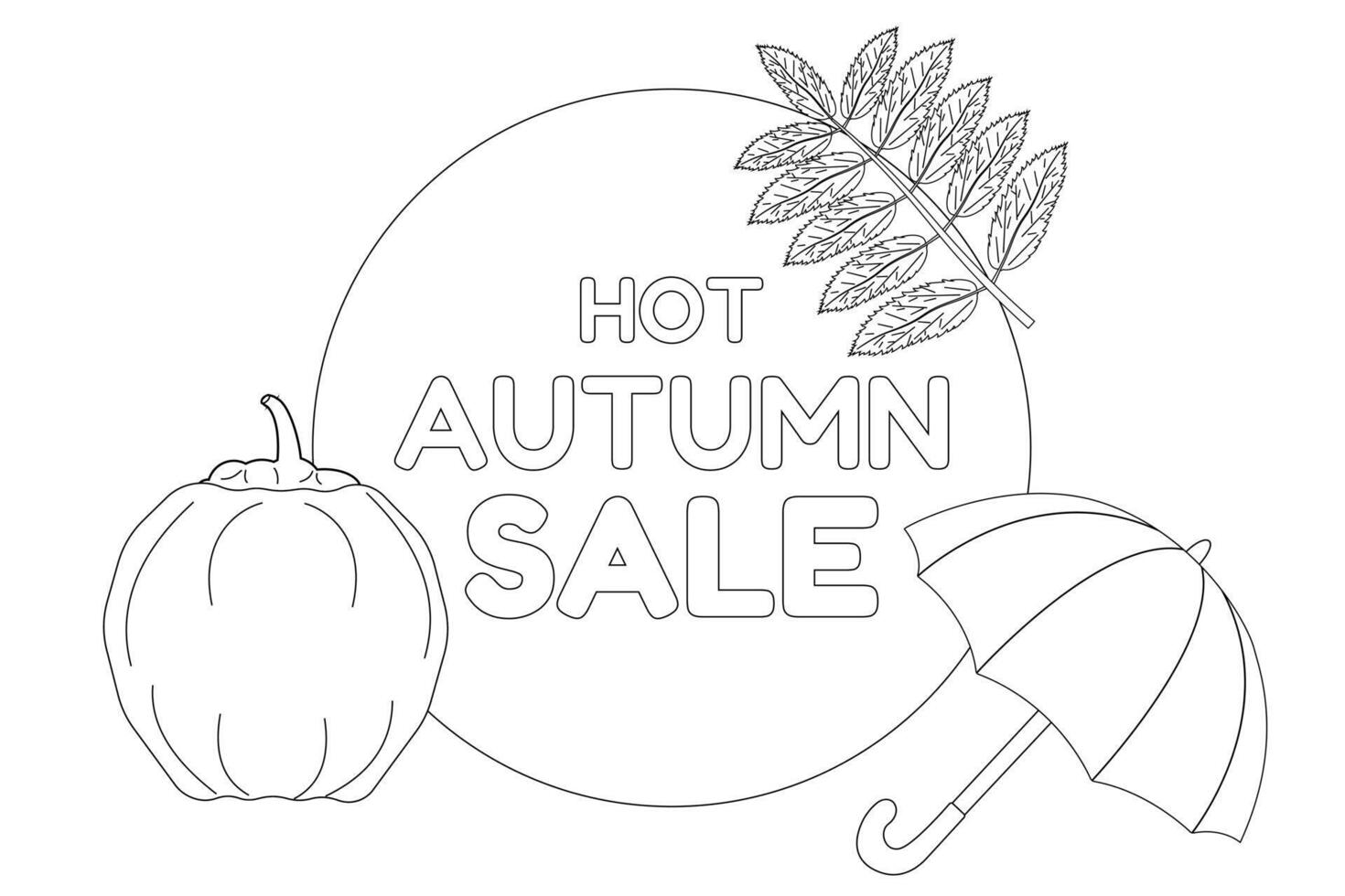 Enjoy a relaxing coloring page featuring autumn sale themes with a pumpkin, umbrella, and leaves. Perfect for kids and adults. vector