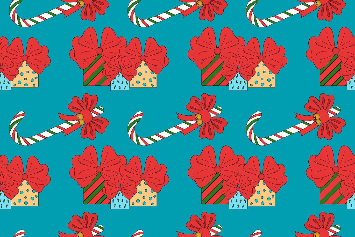 Seamless Christmas pattern featuring gift boxes with bows and candy canes. Ideal for holiday-themed designs and decorations. vector
