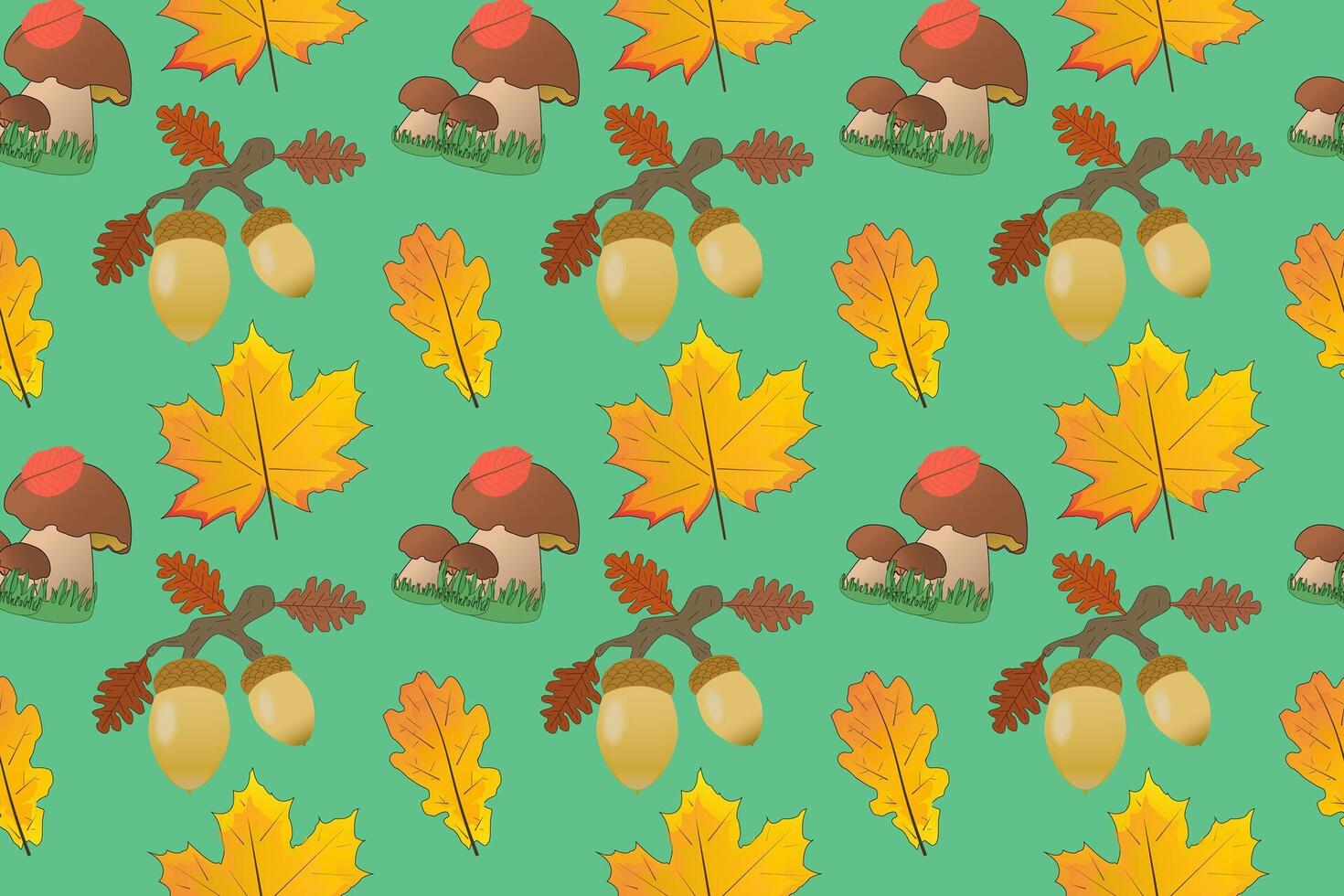 Seamless pattern featuring colorful autumn leaves, acorns, and mushrooms on a green background. Perfect for seasonal designs and crafts. vector